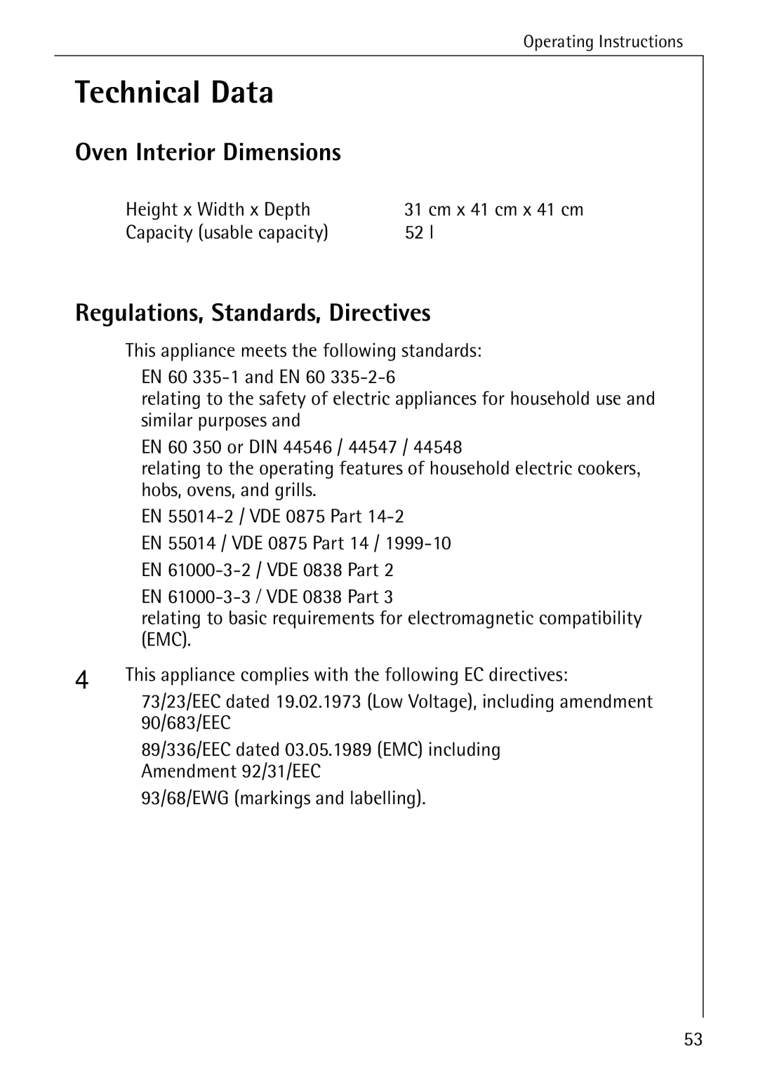 Electrolux B4140-1 Technical Data, Oven Interior Dimensions, Regulations, Standards, Directives, Height x Width x Depth 