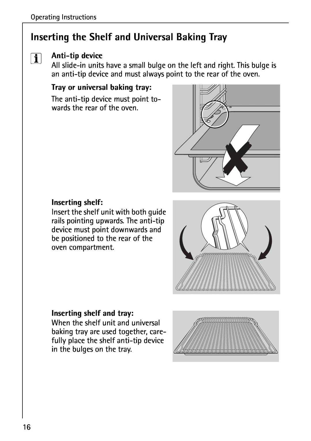 Electrolux B4140-1 manual Inserting the Shelf and Universal Baking Tray, Anti-tip device, Tray or universal baking tray 