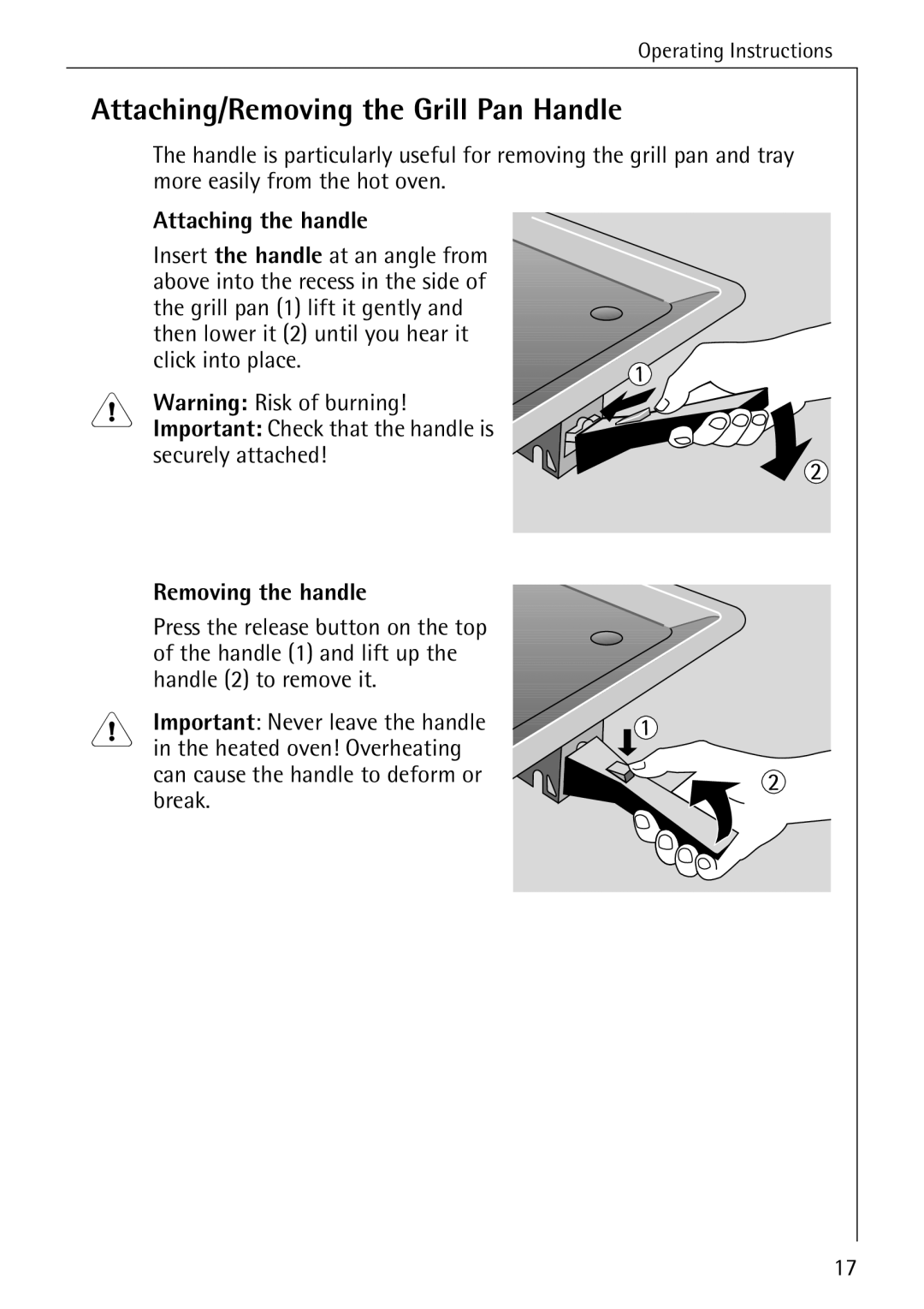 Electrolux B4140-1 manual Attaching/Removing the Grill Pan Handle, Attaching the handle, Removing the handle 
