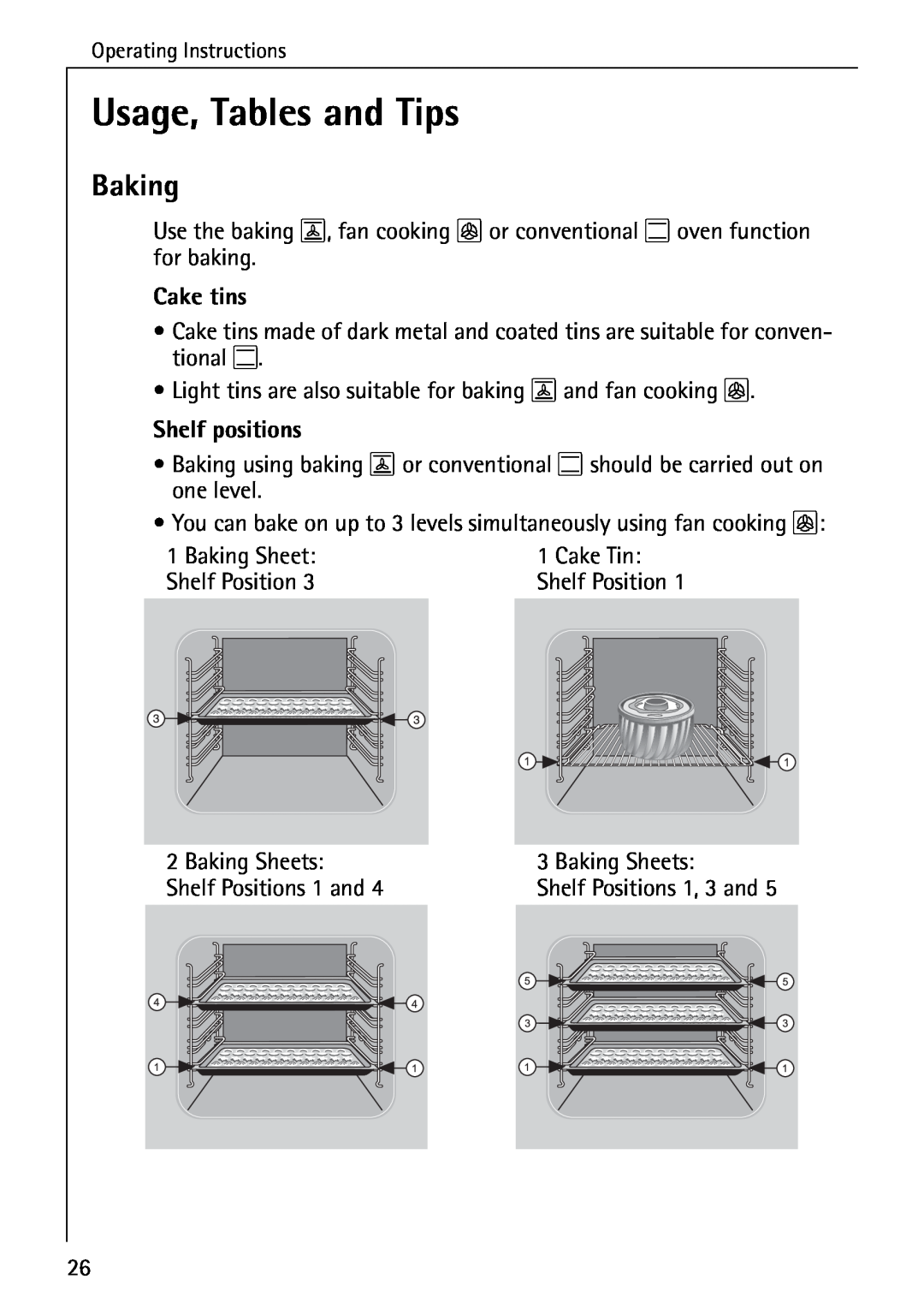 Electrolux B4140-1 manual Usage, Tables and Tips, Baking, Cake tins, Shelf positions 