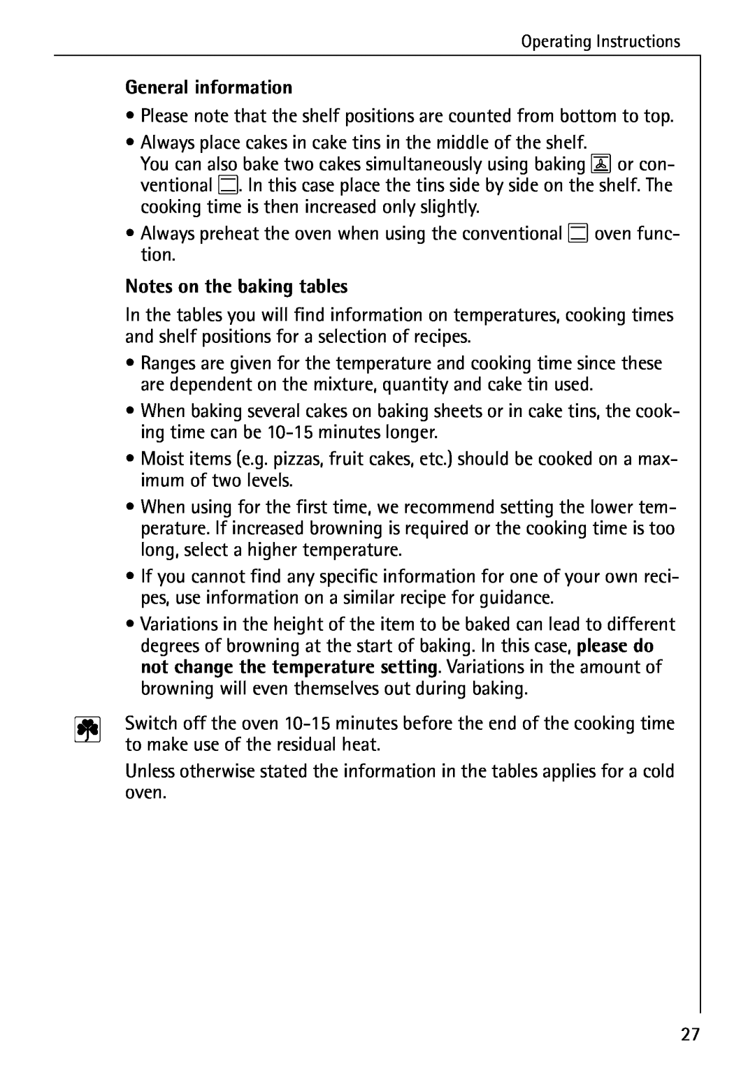 Electrolux B4140-1 manual General information, Notes on the baking tables 