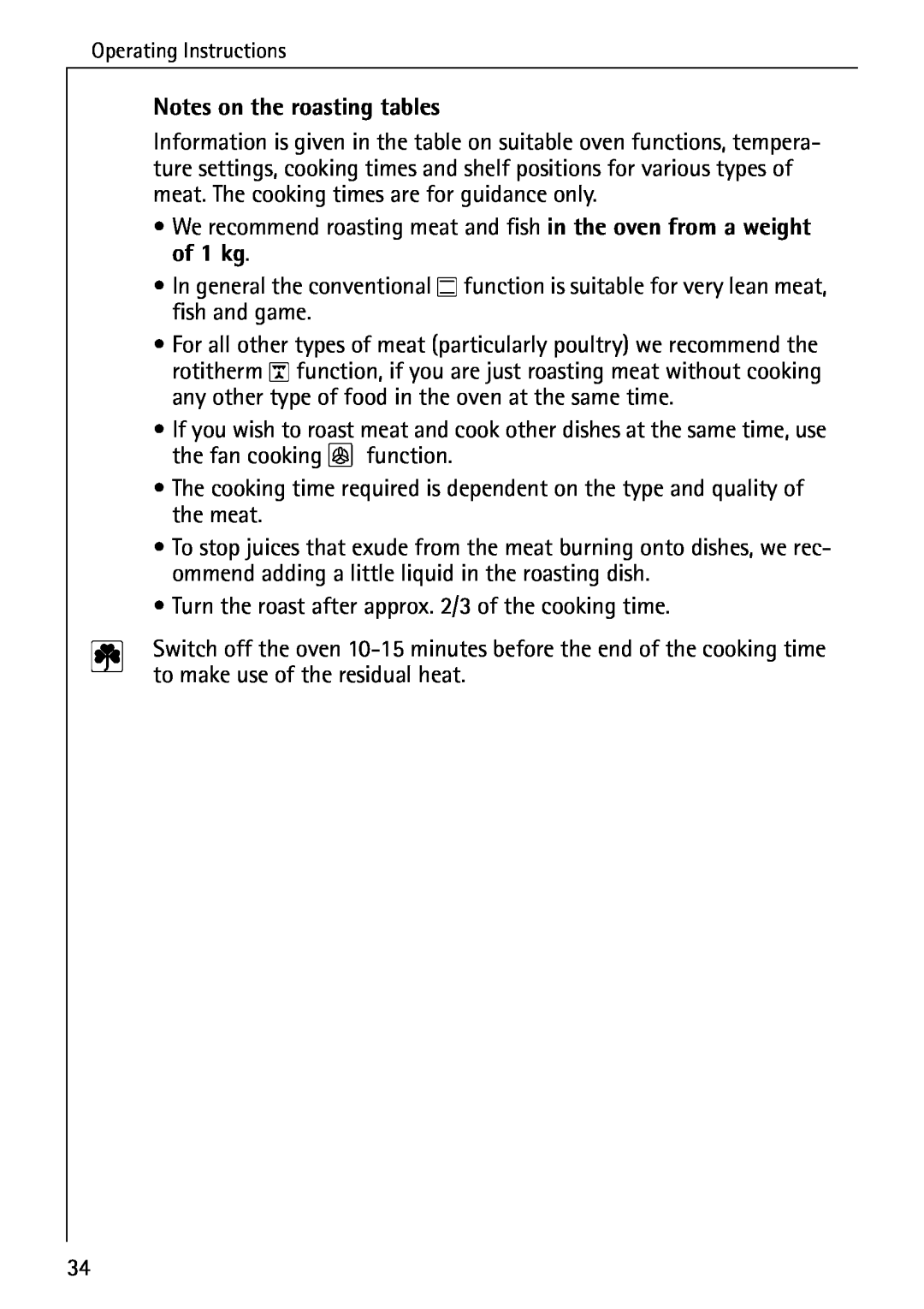 Electrolux B4140-1 manual Notes on the roasting tables 