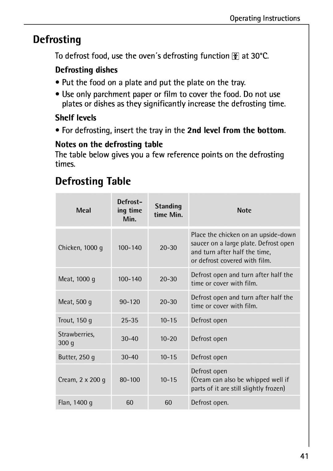 Electrolux B4140-1 manual Defrosting Table, Defrosting dishes, Shelf levels, Notes on the defrosting table 