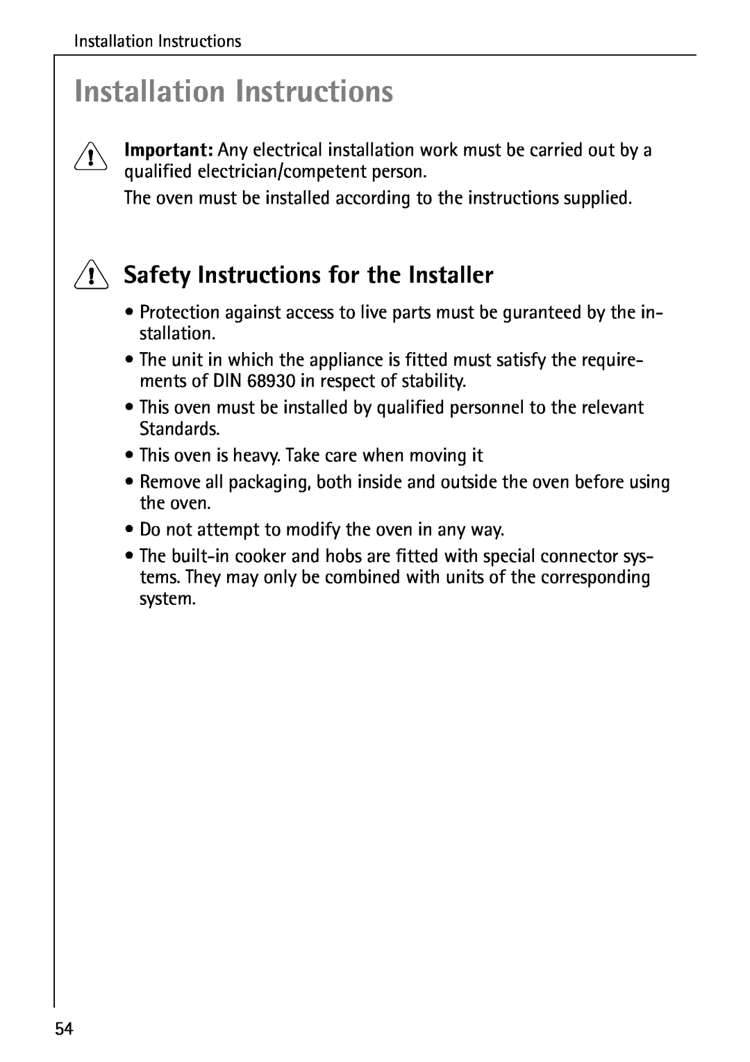 Electrolux B4140-1 manual Installation Instructions, Safety Instructions for the Installer 