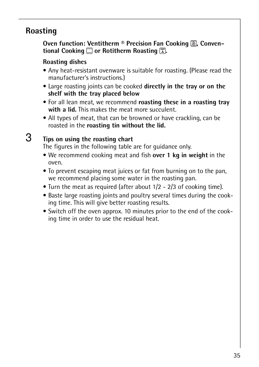 Electrolux B5741-4 manual Roasting, Tips on using the roasting chart 