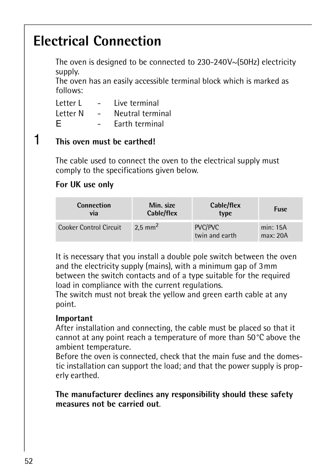 Electrolux B5741-4 Electrical Connection, This oven must be earthed, For UK use only, Connection Min. size Cable/flex Fuse 