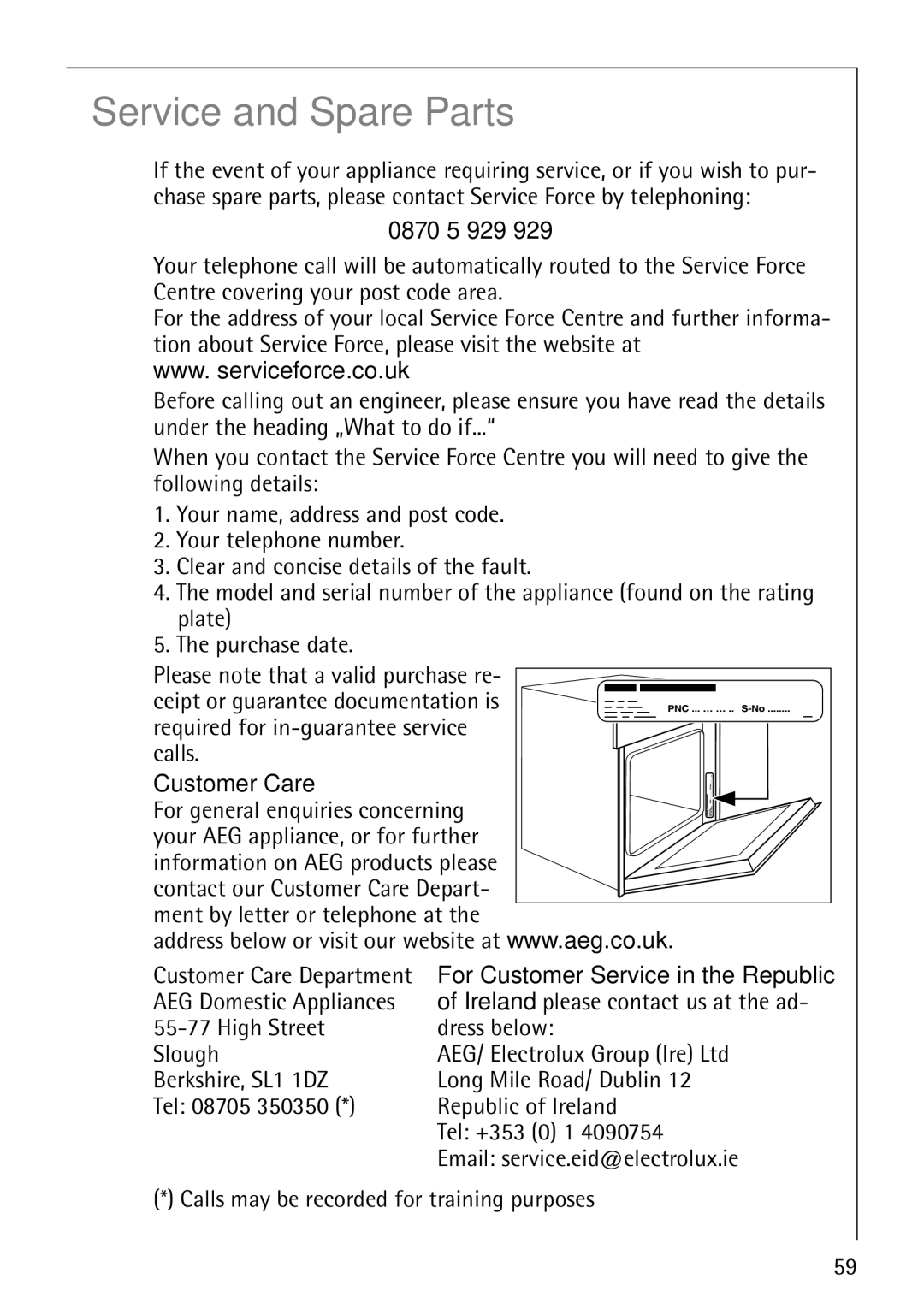 Electrolux B5741-4 manual 0870 5 929, Customer Care, For Customer Service in the Republic 