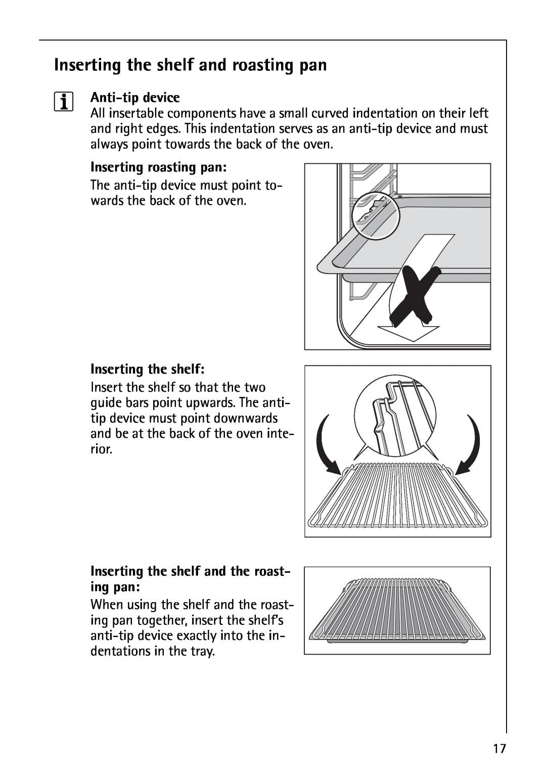 Electrolux B5741-4 manual Inserting the shelf and roasting pan, Anti-tip device, Inserting roasting pan 