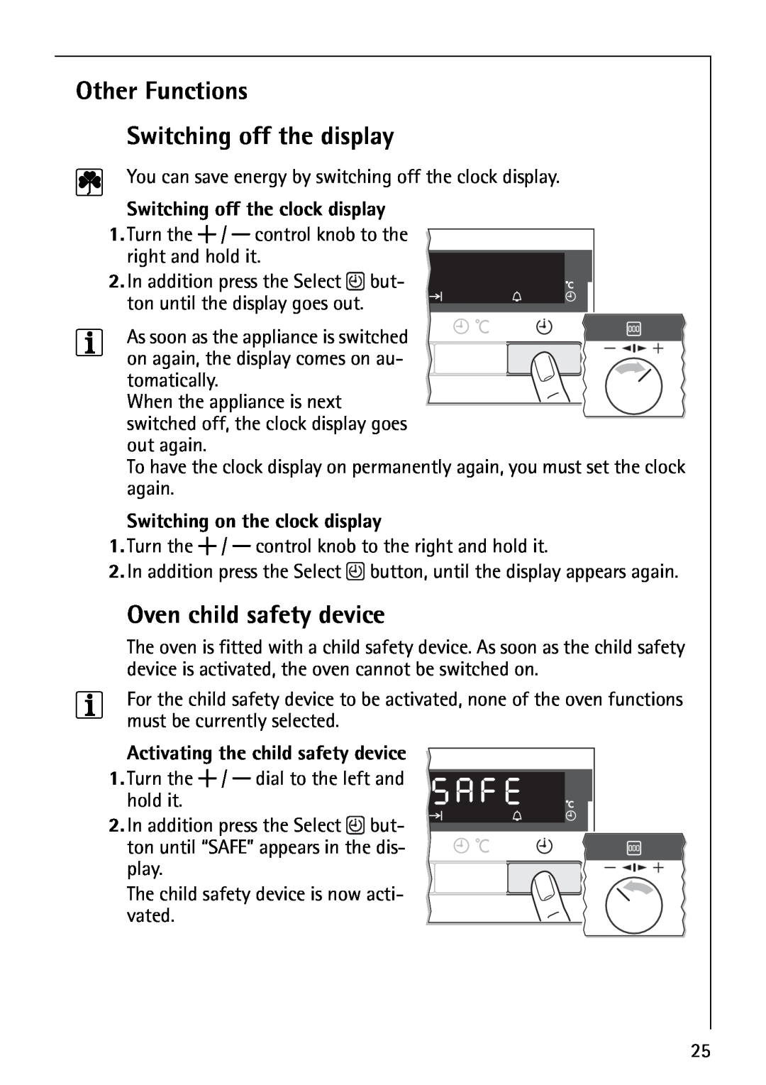 Electrolux B5741-4 Other Functions Switching off the display, Oven child safety device, Switching off the clock display 