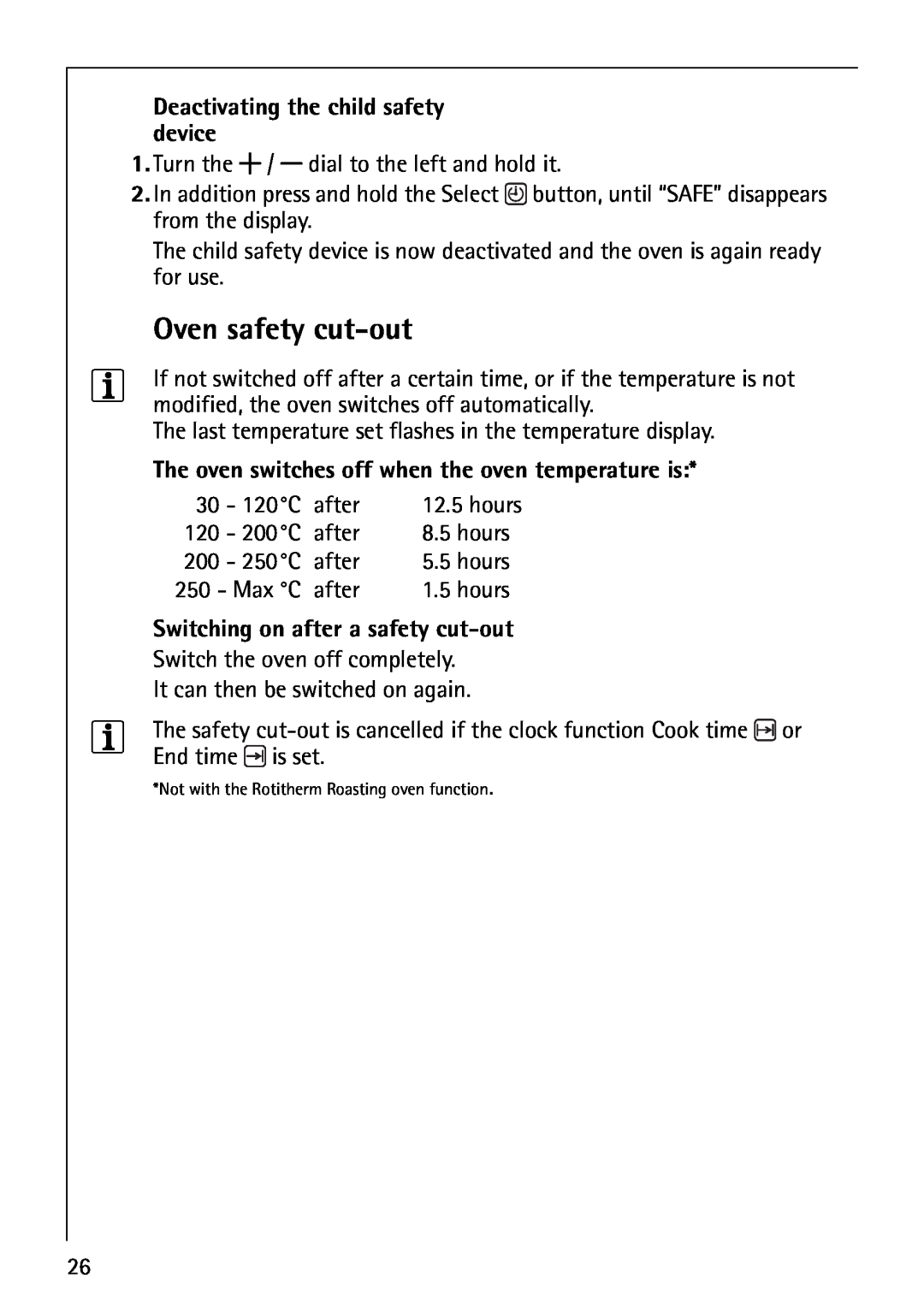 Electrolux B5741-4 manual Oven safety cut-out, Deactivating the child safety device, Switching on after a safety cut-out 