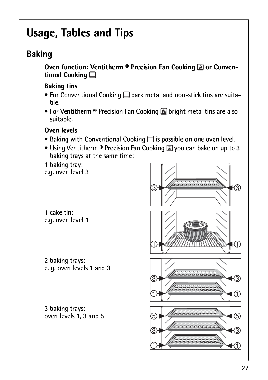 Electrolux B5741-4 manual Usage, Tables and Tips, Baking tins, Oven levels 