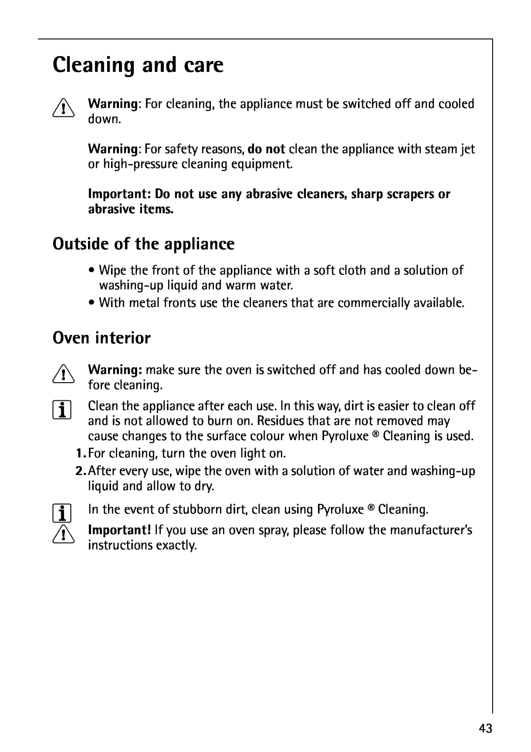 Electrolux B5741-4 manual Cleaning and care, Outside of the appliance 