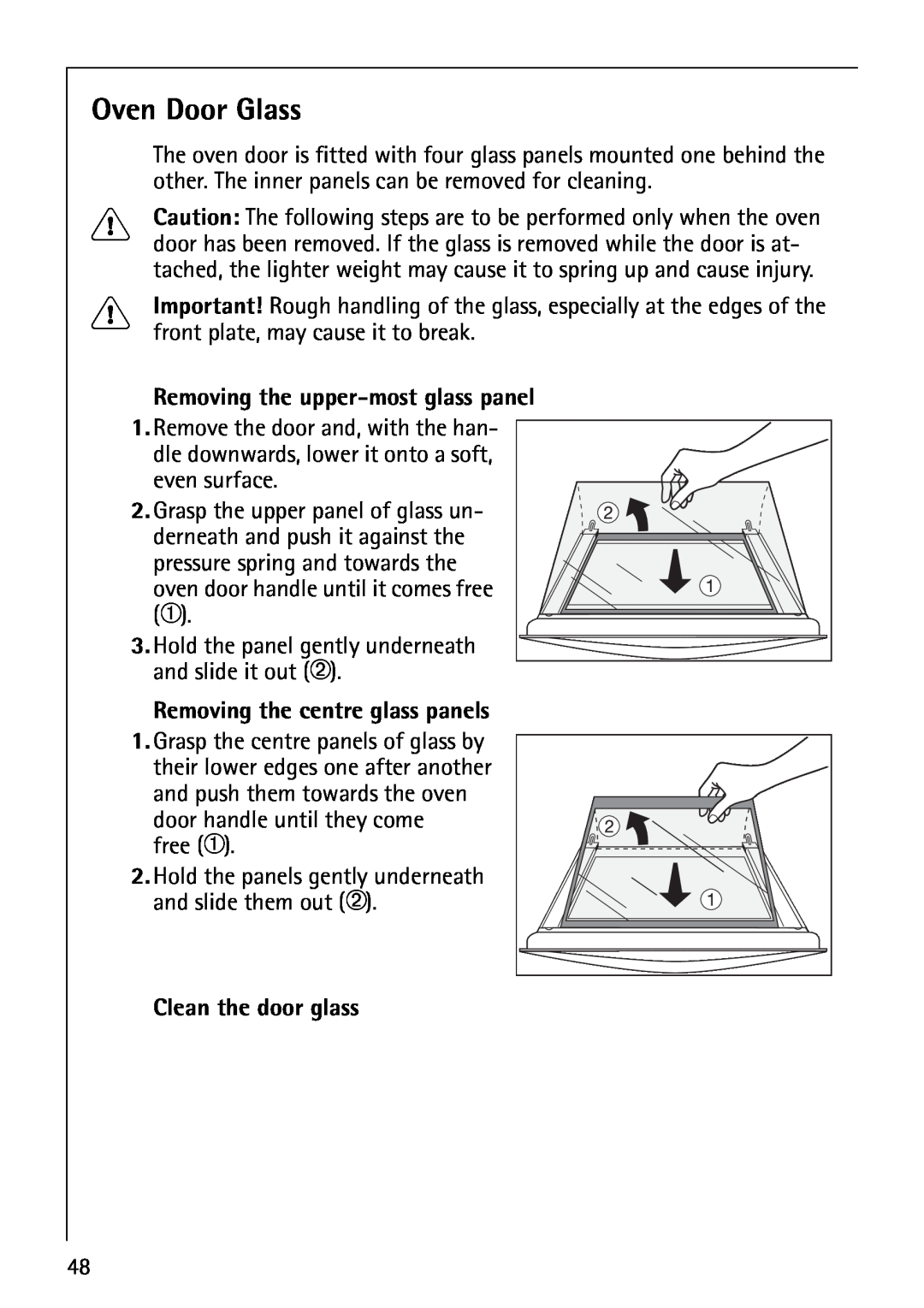 Electrolux B5741-4 manual Oven Door Glass, Removing the upper-most glass panel, Removing the centre glass panels 