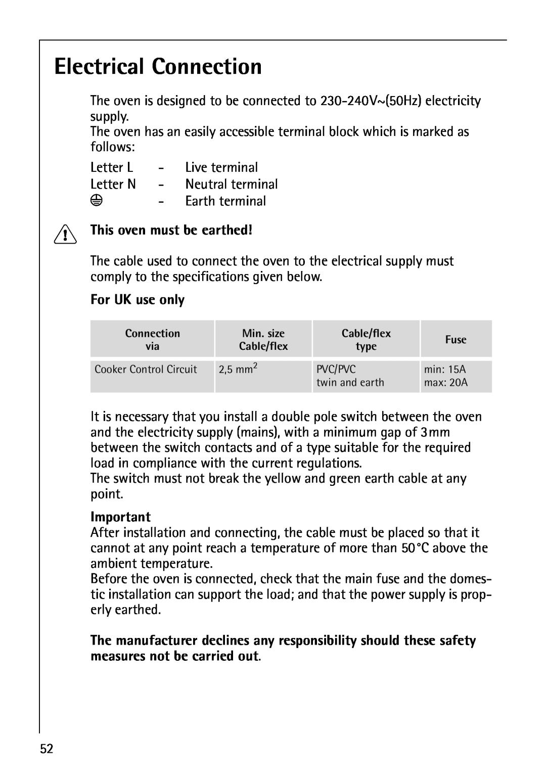 Electrolux B5741-4 manual Electrical Connection, This oven must be earthed, For UK use only 