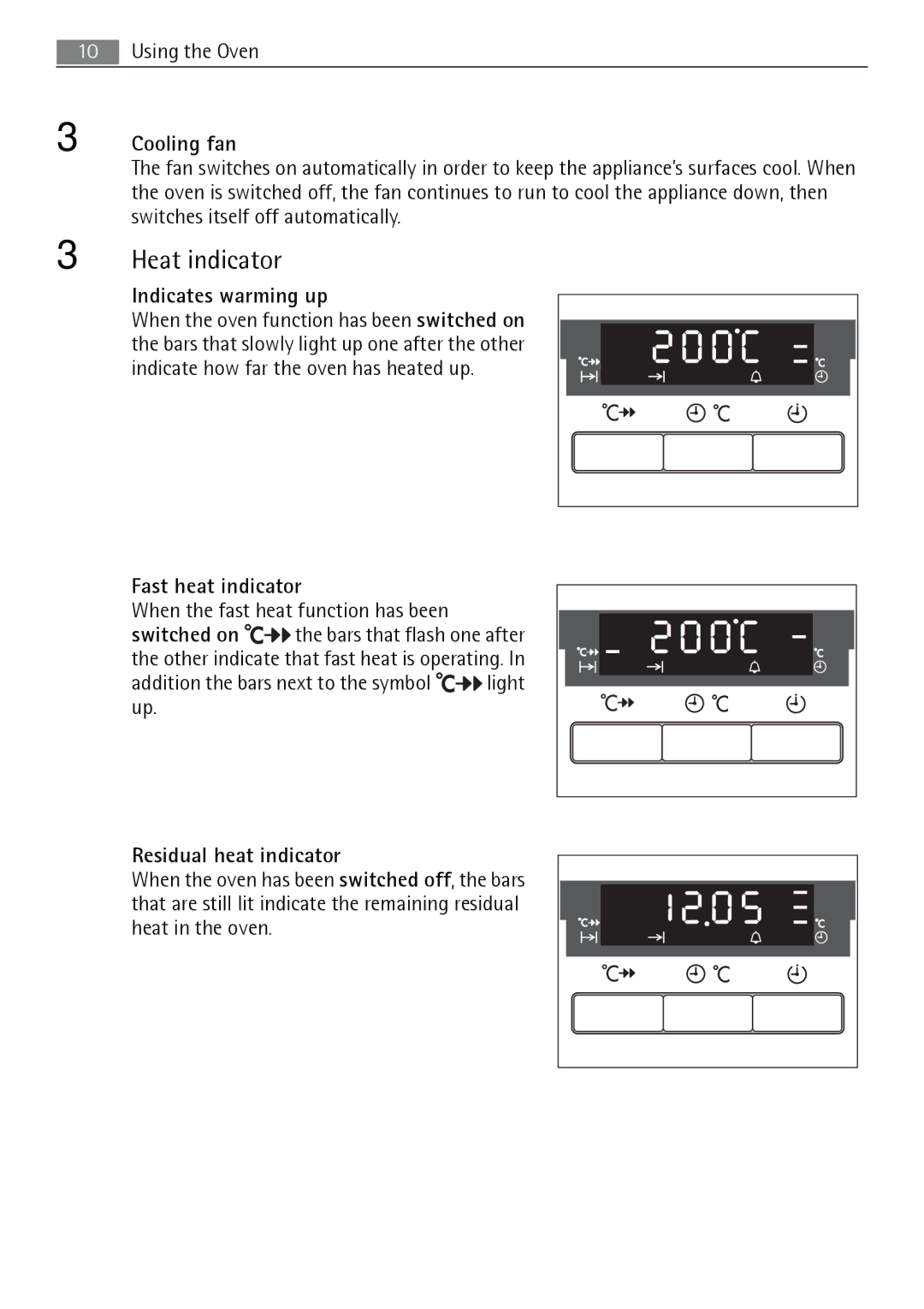 Electrolux B5741-5 Heat indicator, Cooling fan, Indicates warming up, Fast heat indicator, Residual heat indicator 