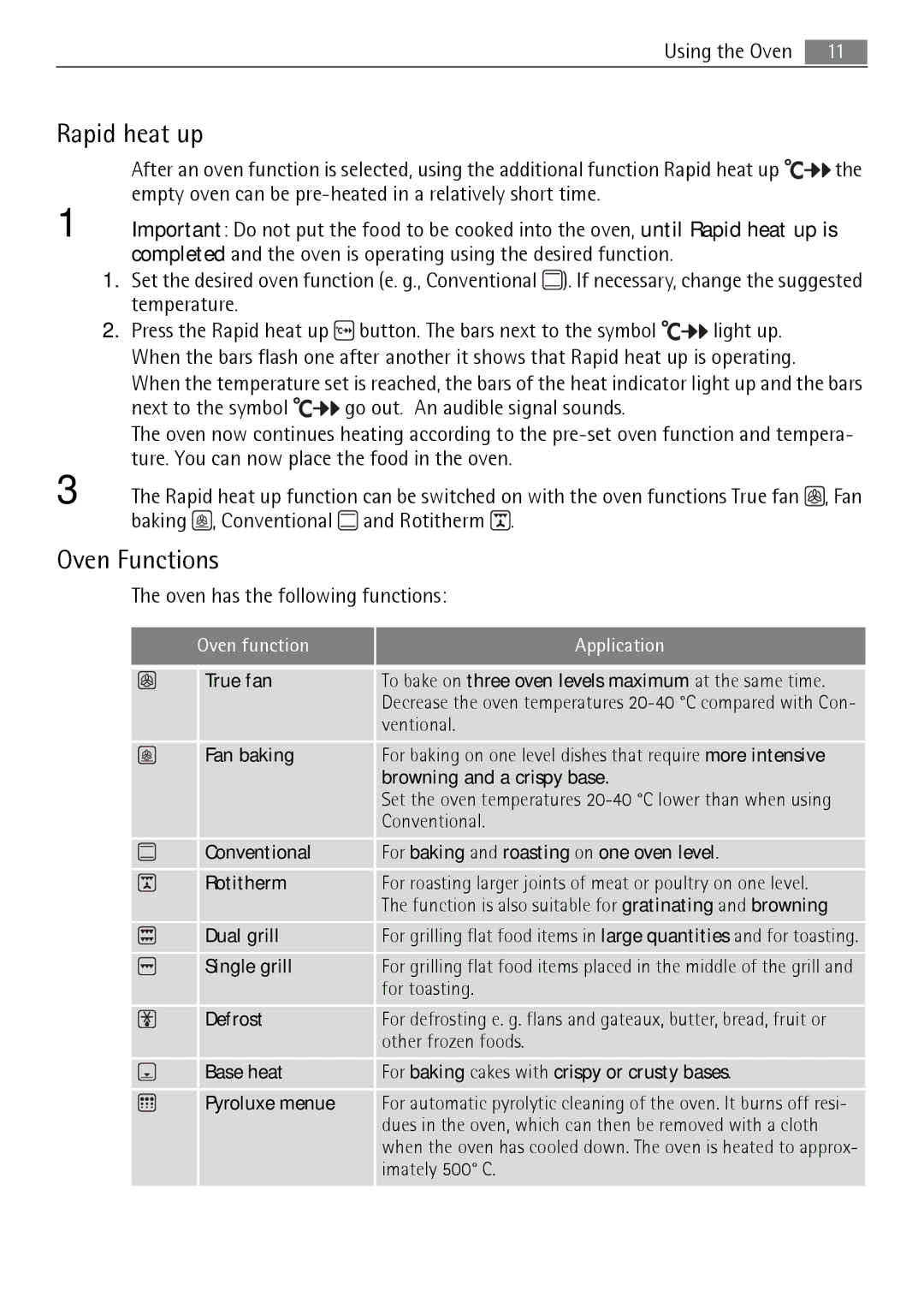 Electrolux B5741-5 user manual Rapid heat up, Oven Functions 