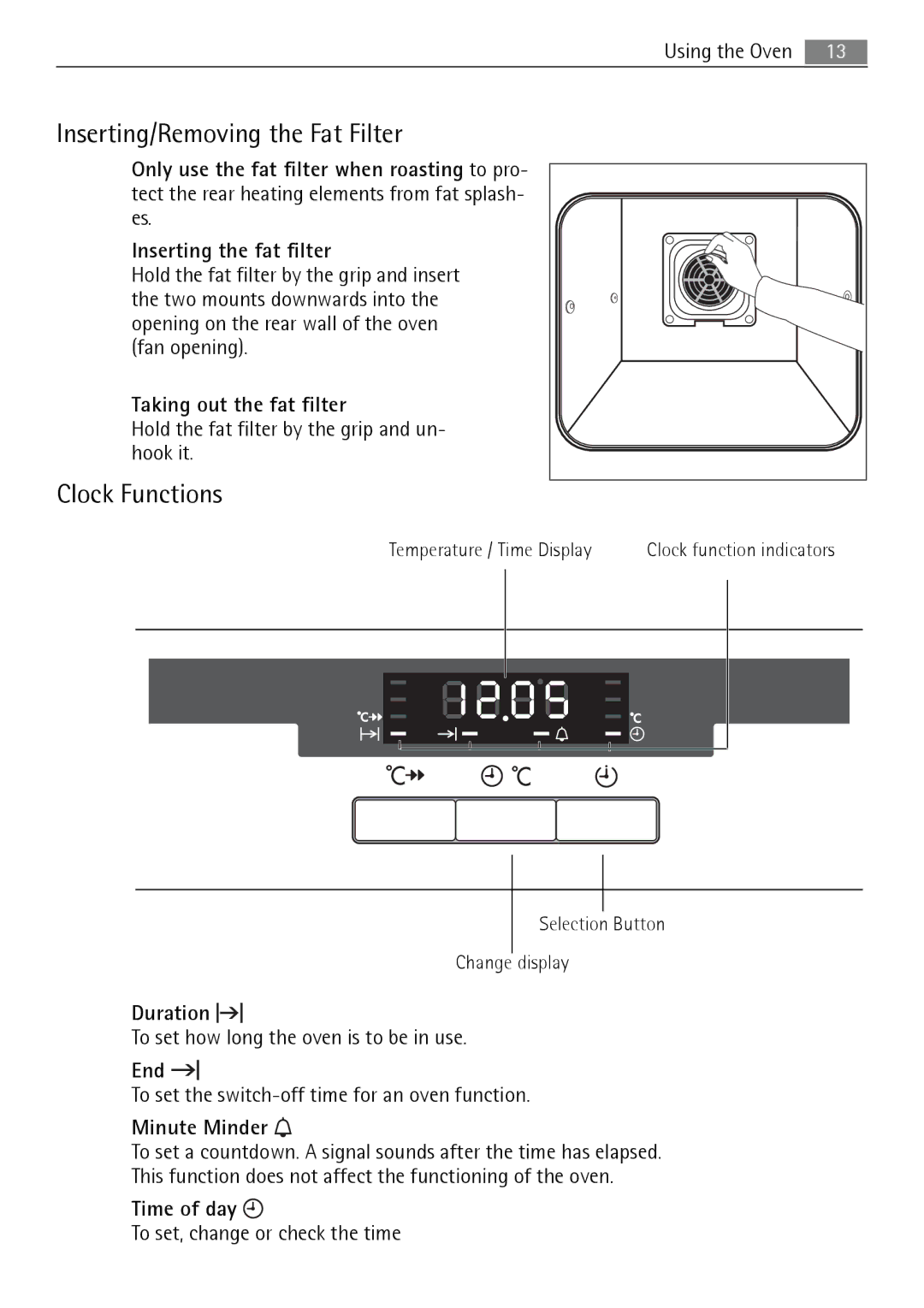 Electrolux B5741-5 user manual Inserting/Removing the Fat Filter, Clock Functions 