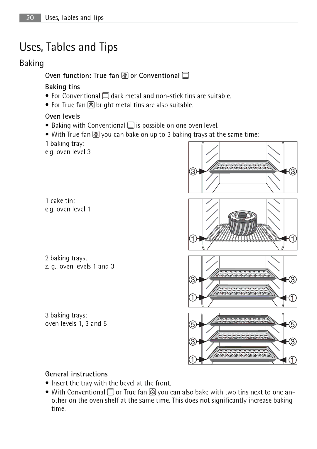 Electrolux B5741-5 user manual Uses, Tables and Tips, Oven function True fan or Conventional Baking tins, Oven levels 