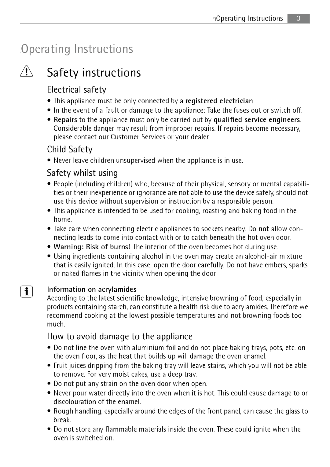 Electrolux B5741-5 user manual Safety instructions, Electrical safety, Child Safety, Safety whilst using 