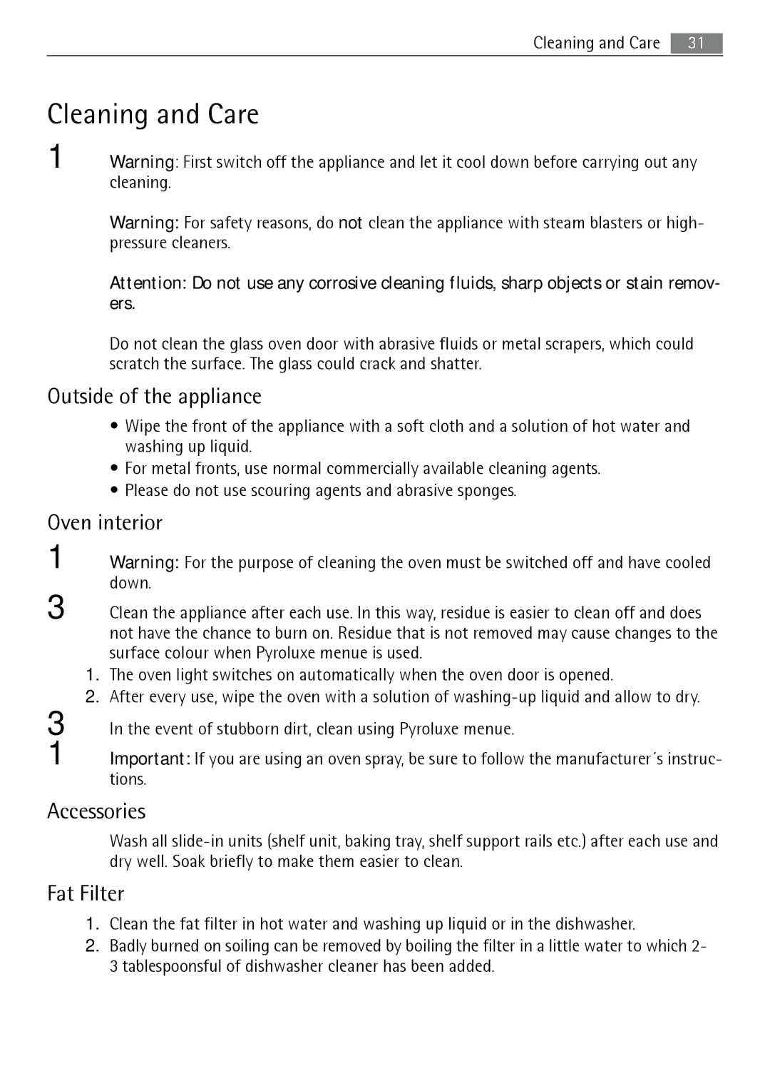 Electrolux B5741-5 user manual Cleaning and Care, Outside of the appliance, Oven interior, Accessories, Fat Filter 