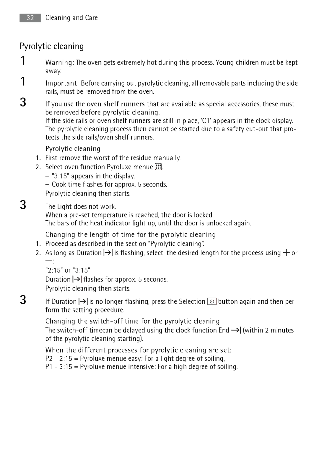 Electrolux B5741-5 user manual Pyrolytic cleaning, Changing the length of time for the pyrolytic cleaning 