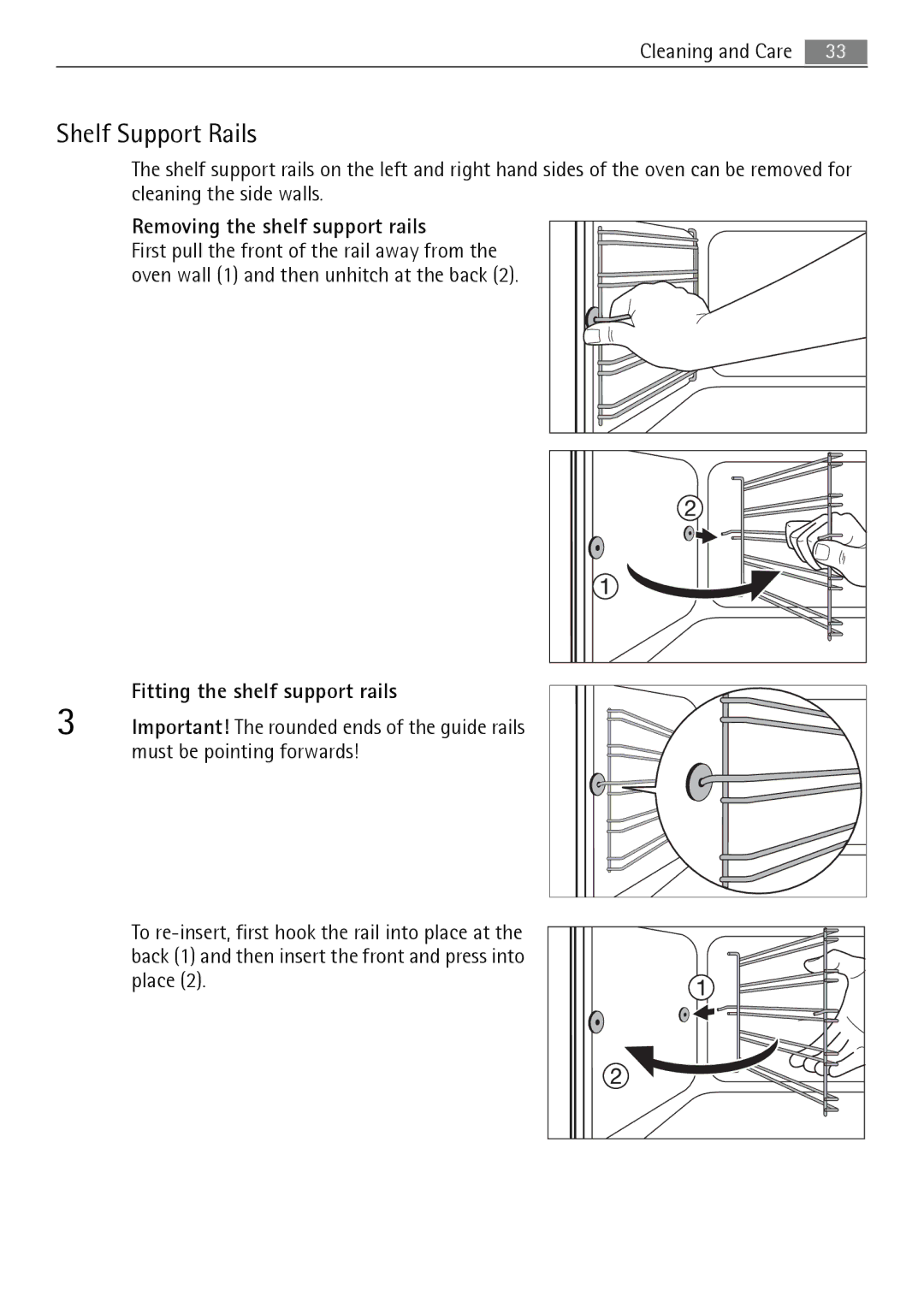 Electrolux B5741-5 user manual Shelf Support Rails, Removing the shelf support rails, Fitting the shelf support rails 