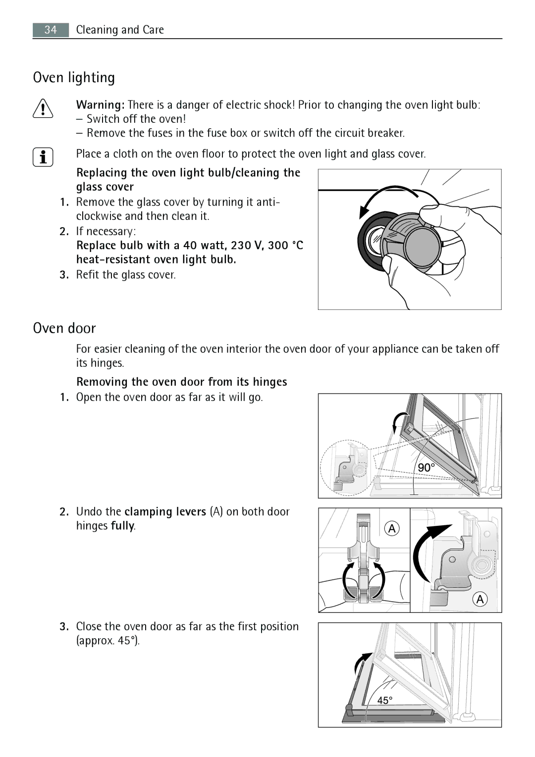 Electrolux B5741-5 user manual Oven lighting, Oven door, Replacing the oven light bulb/cleaning the glass cover 