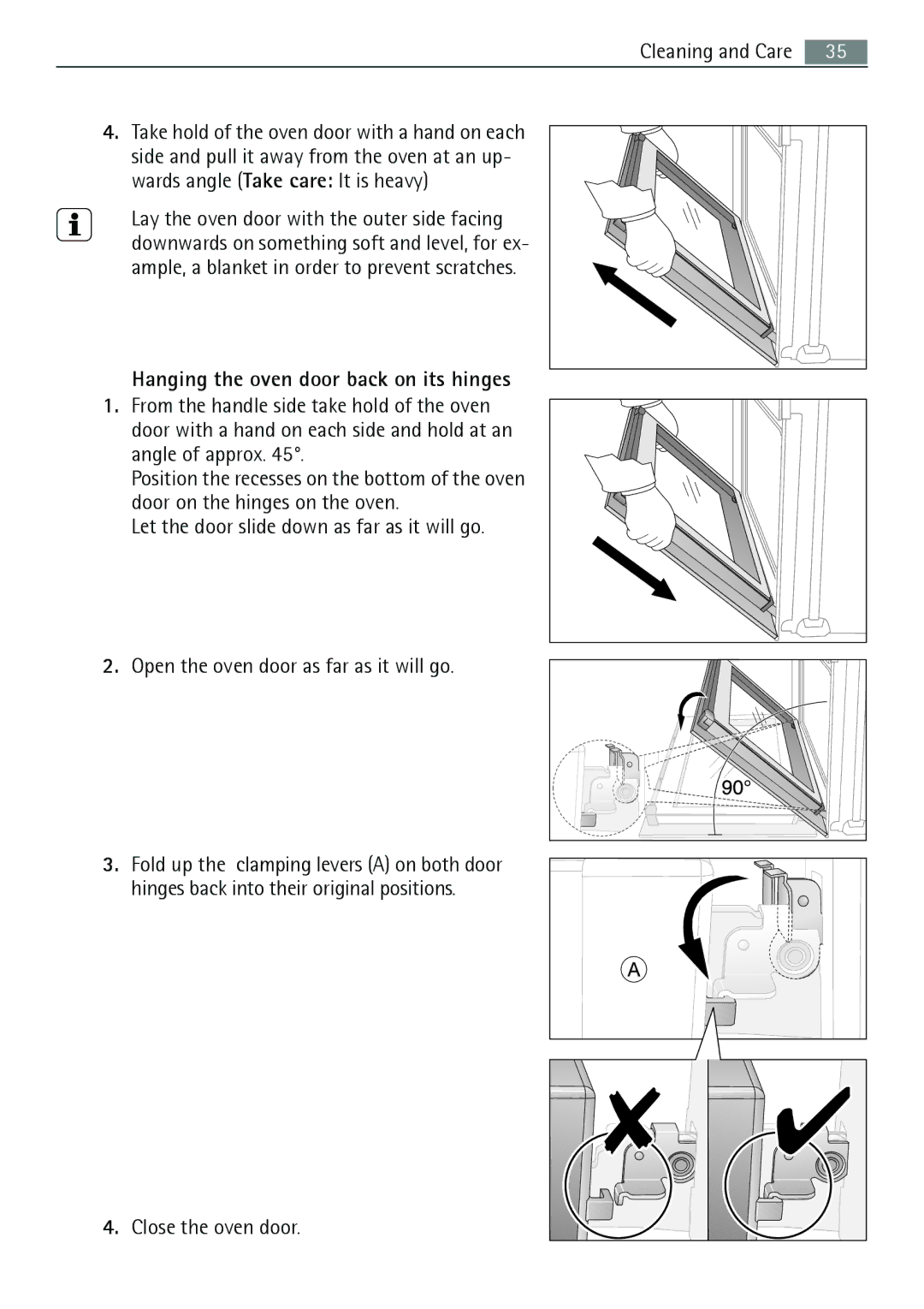 Electrolux B5741-5 user manual Hanging the oven door back on its hinges 