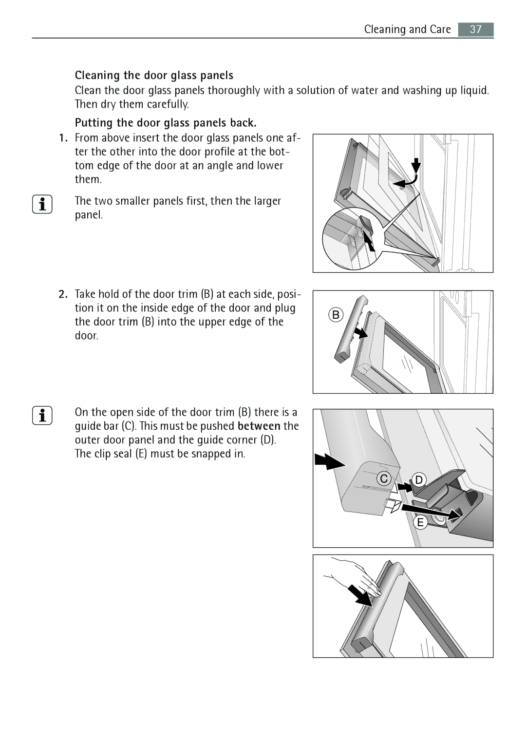 Electrolux B5741-5 user manual Cleaning the door glass panels, Putting the door glass panels back 