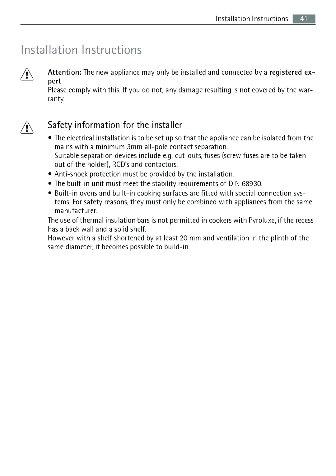 Electrolux B5741-5 user manual Installation Instructions, Safety information for the installer 