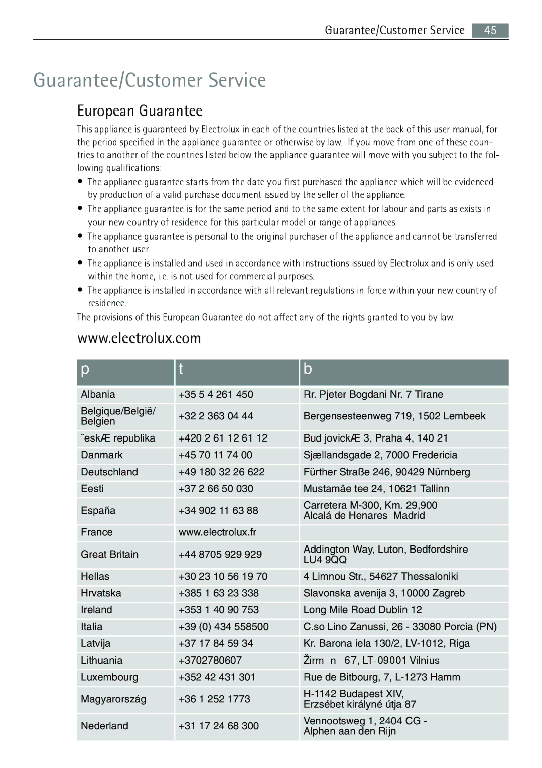 Electrolux B5741-5 user manual Guarantee/Customer Service, European Guarantee 