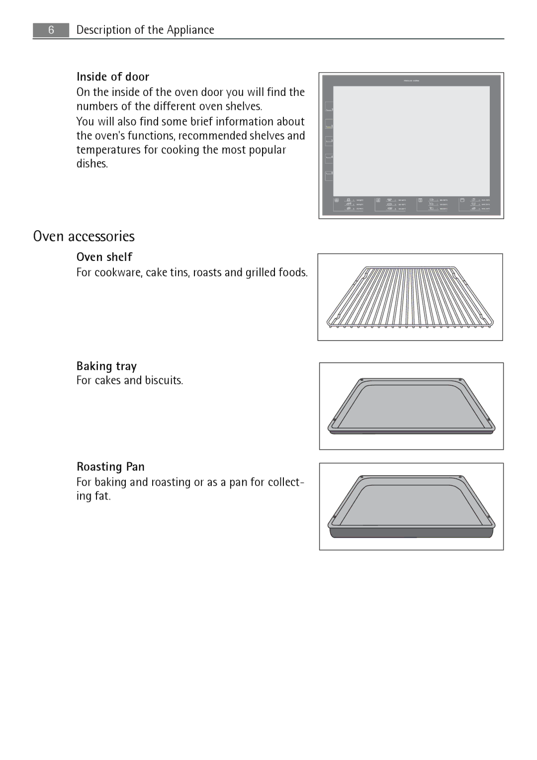 Electrolux B5741-5 user manual Oven accessories, Inside of door, Oven shelf, Baking tray, Roasting Pan 