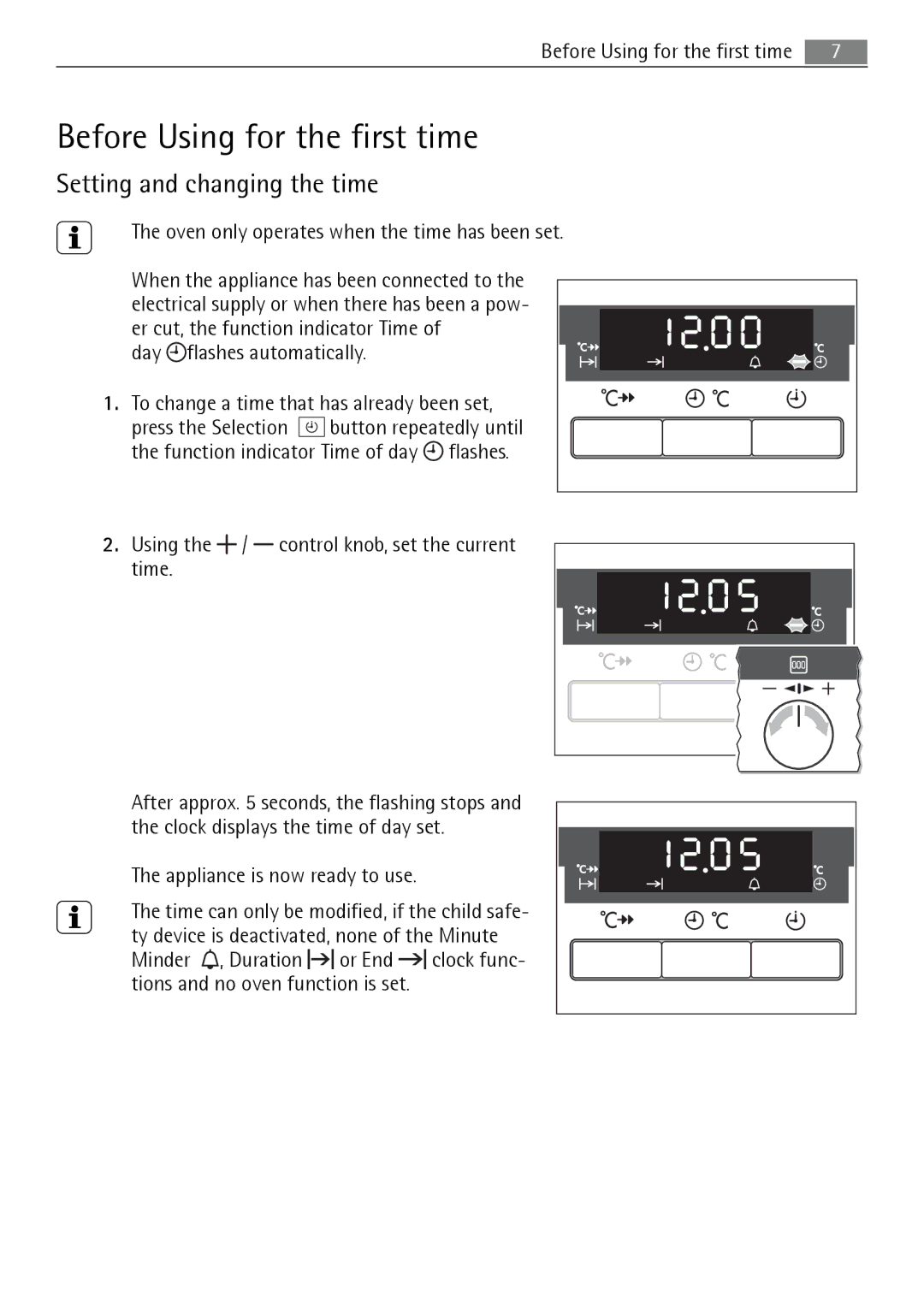 Electrolux B5741-5 user manual Before Using for the first time, Setting and changing the time 