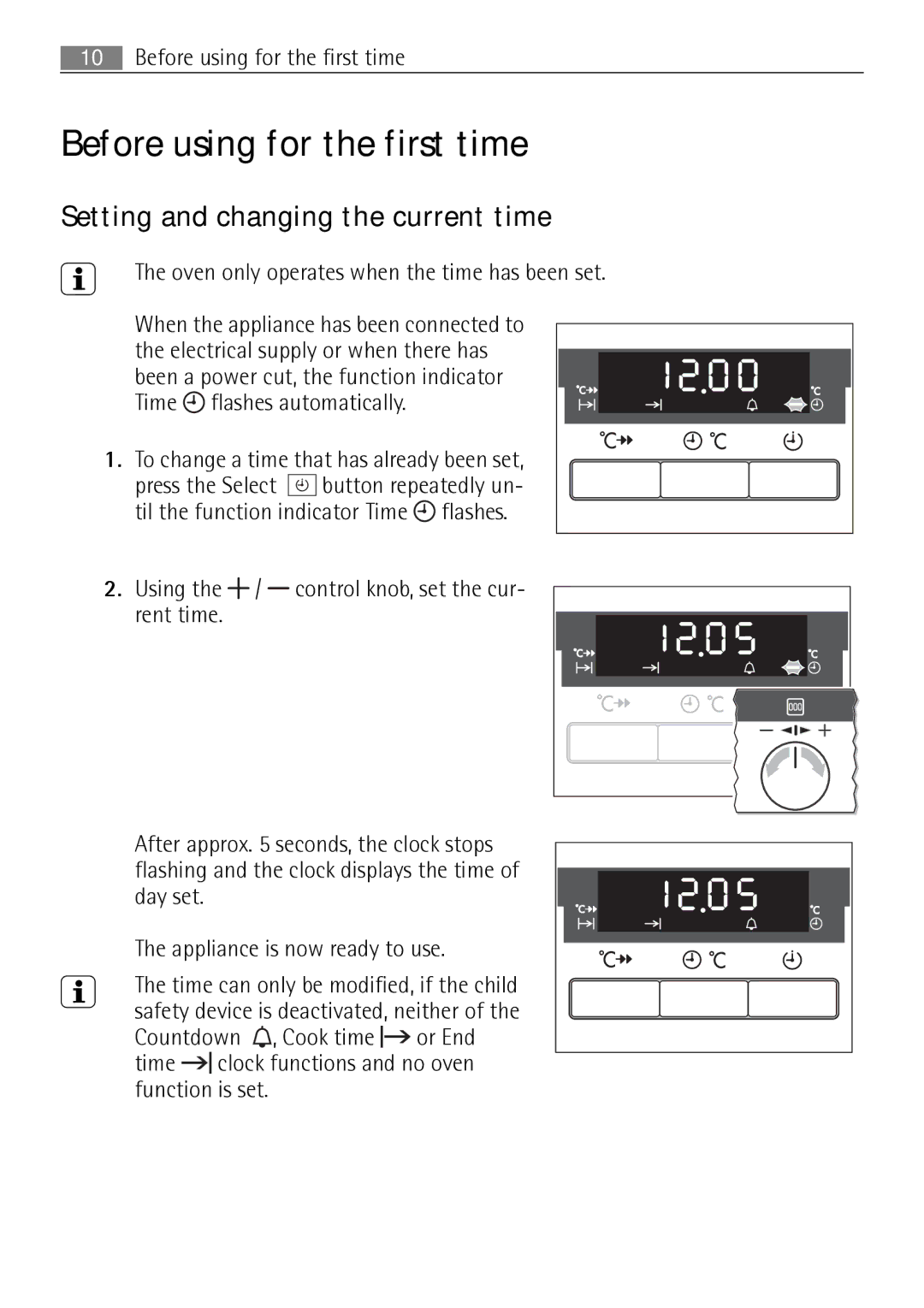 Electrolux B57415B, B57415A user manual Before using for the first time, Setting and changing the current time 