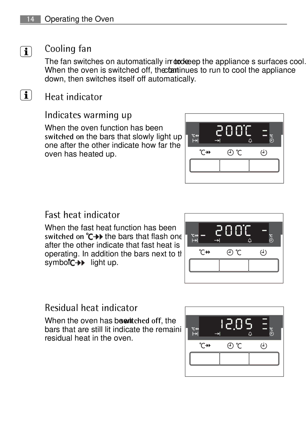 Electrolux B57415B, B57415A Cooling fan, Heat indicator Indicates warming up, Fast heat indicator, Residual heat indicator 