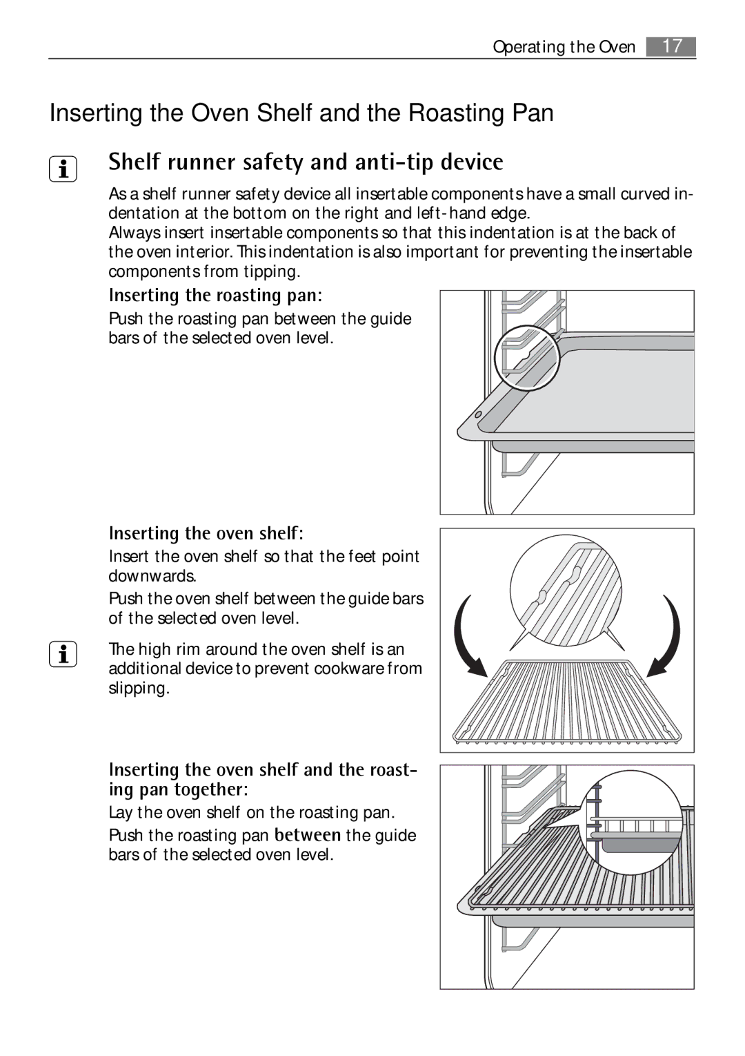 Electrolux B57415A Inserting the Oven Shelf and the Roasting Pan, Inserting the roasting pan, Inserting the oven shelf 