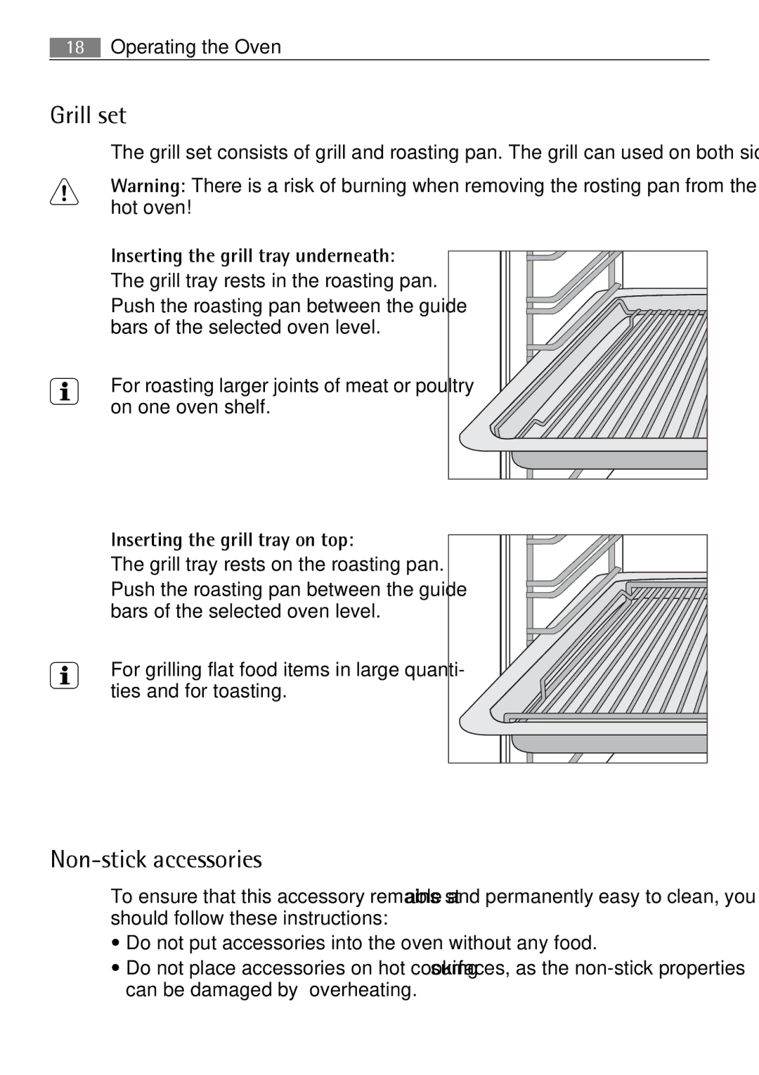 Electrolux B57415B, B57415A Non-stick accessories, Inserting the grill tray underneath, Inserting the grill tray on top 