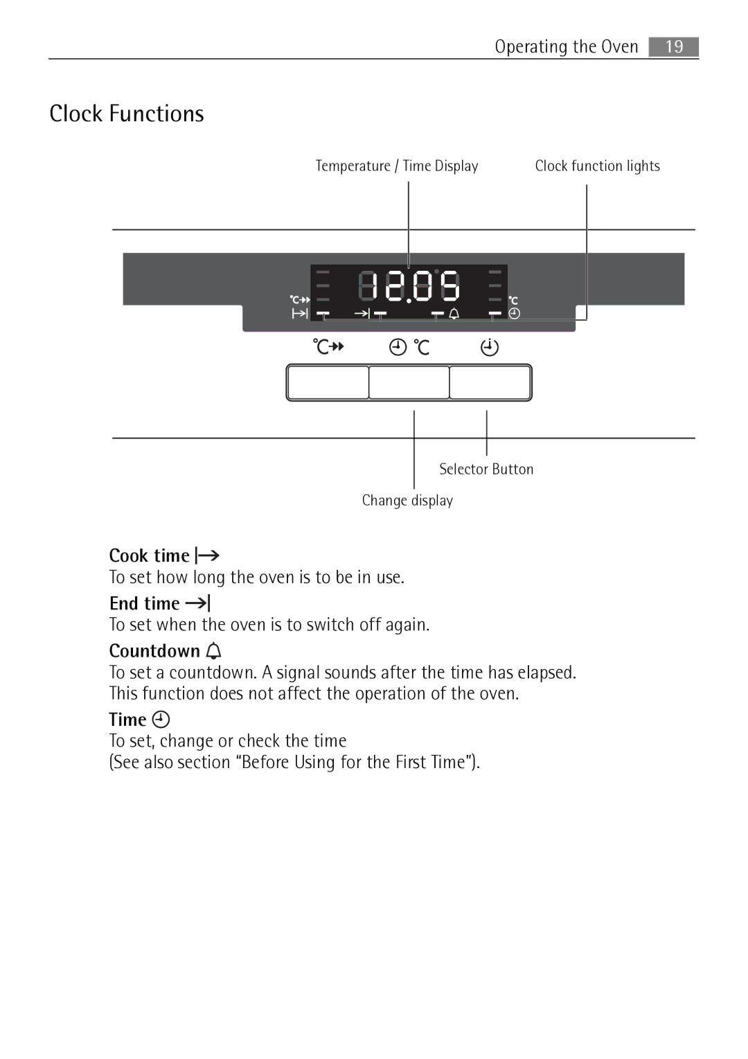 Electrolux B57415A, B57415B user manual Clock Functions, Cook time, End time, Countdown, Time 