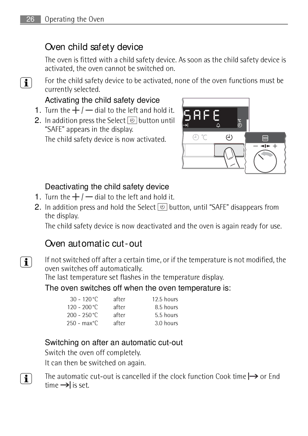Electrolux B57415B, B57415A user manual Oven child safety device, Oven automatic cut-out 