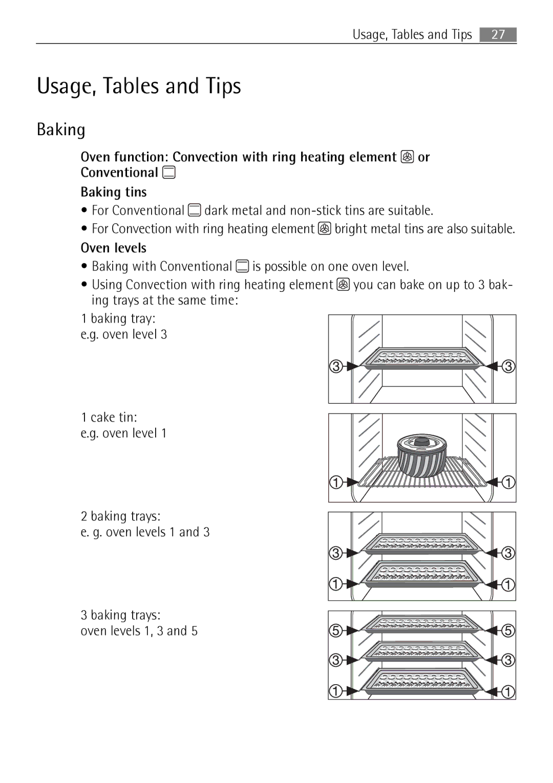 Electrolux B57415A, B57415B user manual Usage, Tables and Tips, Baking, Oven levels 