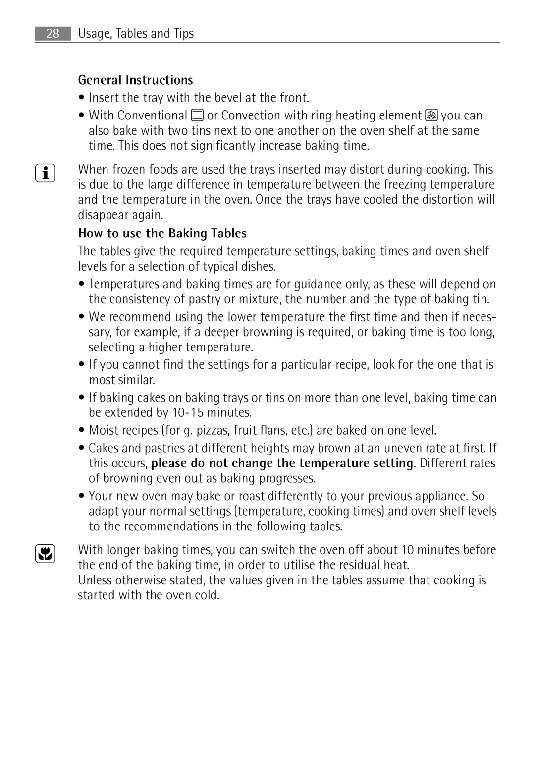 Electrolux B57415B, B57415A user manual General Instructions, How to use the Baking Tables 