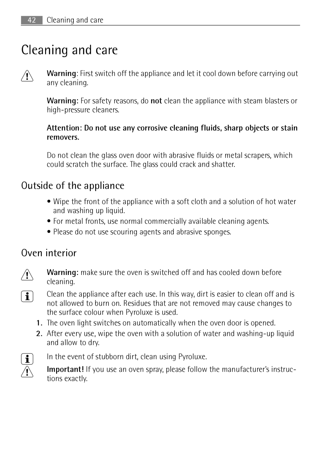 Electrolux B57415B, B57415A user manual Cleaning and care, Outside of the appliance, Oven interior 