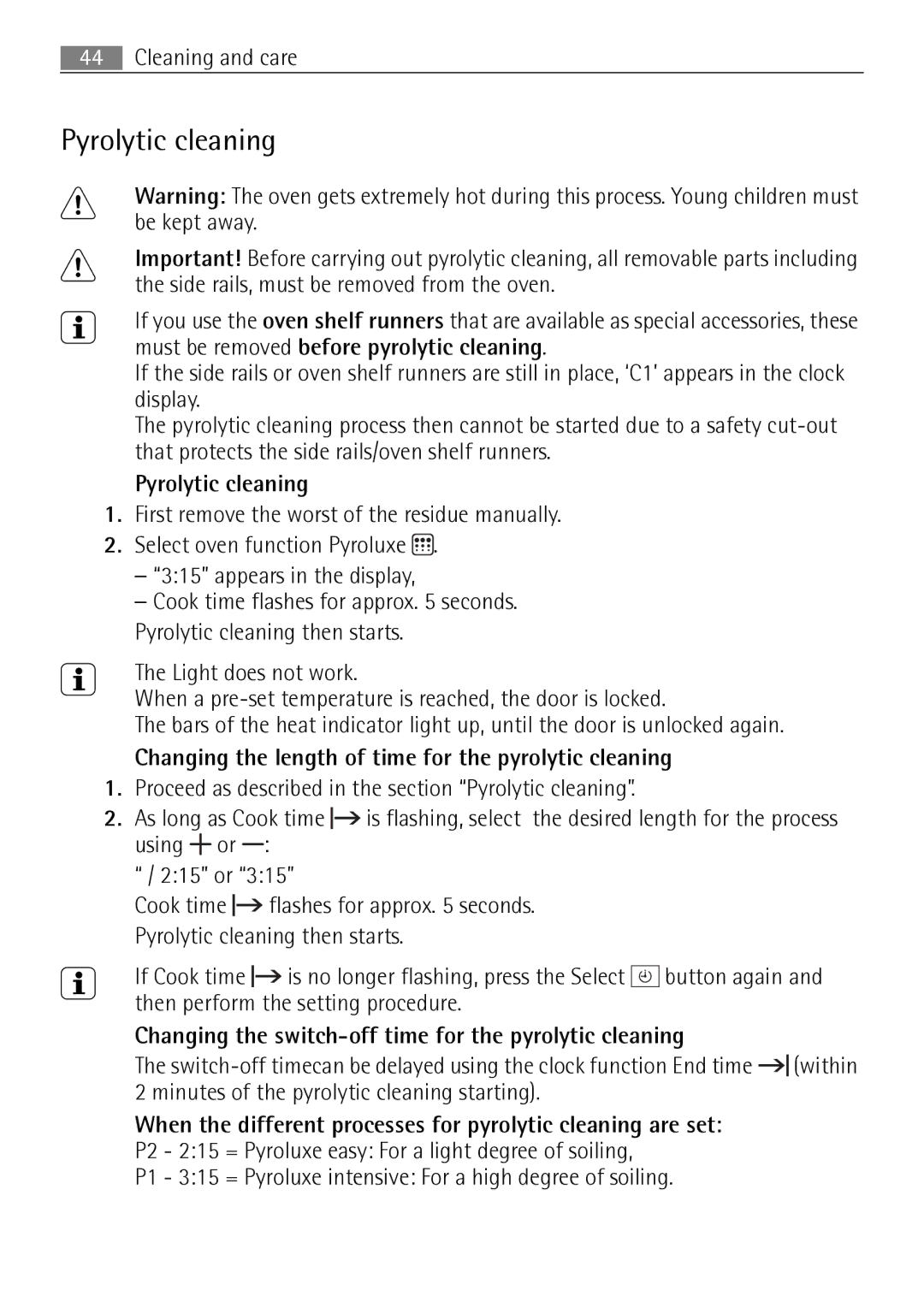Electrolux B57415B, B57415A user manual Pyrolytic cleaning, Changing the length of time for the pyrolytic cleaning 