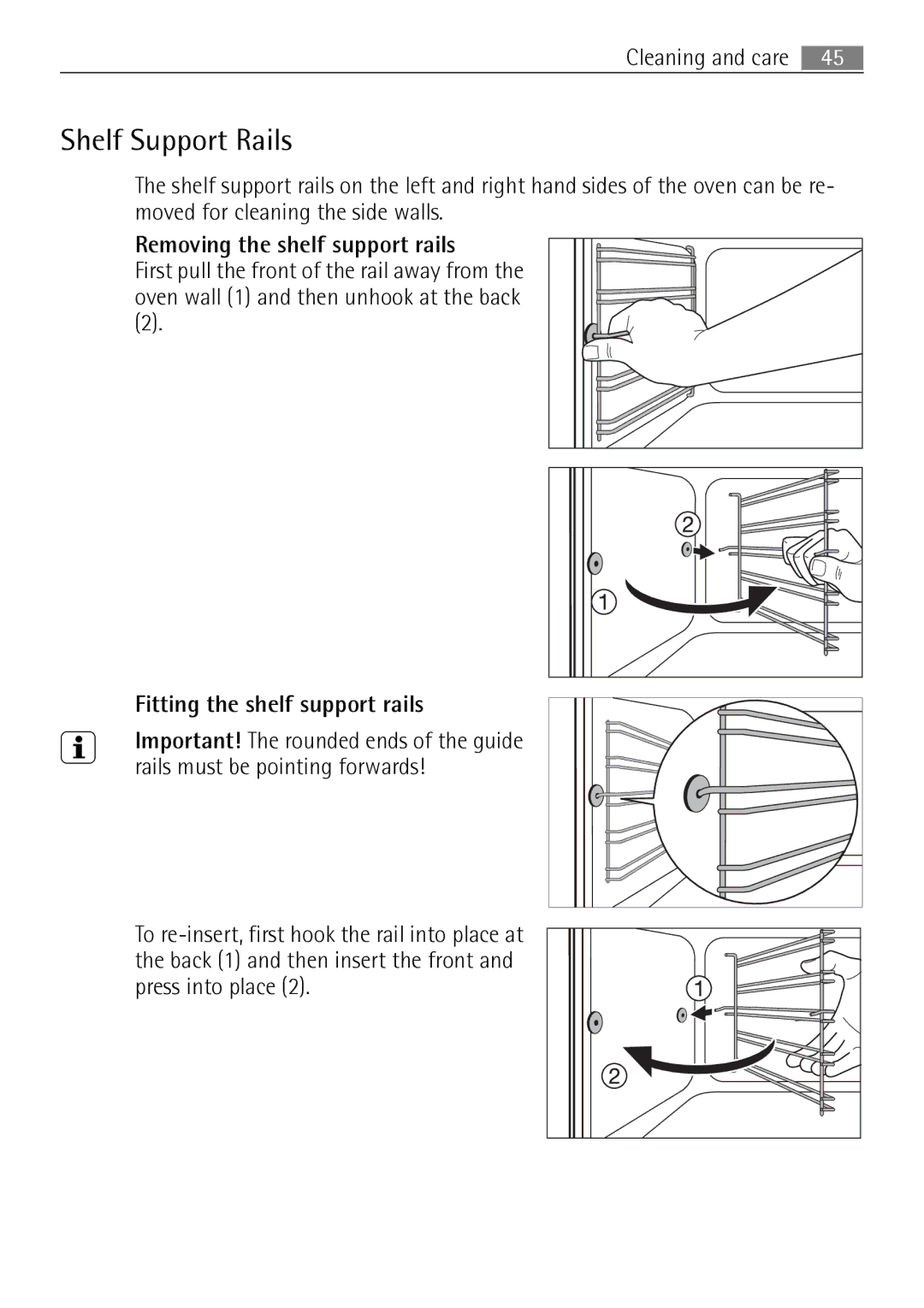 Electrolux B57415A, B57415B Shelf Support Rails, Removing the shelf support rails, Fitting the shelf support rails 