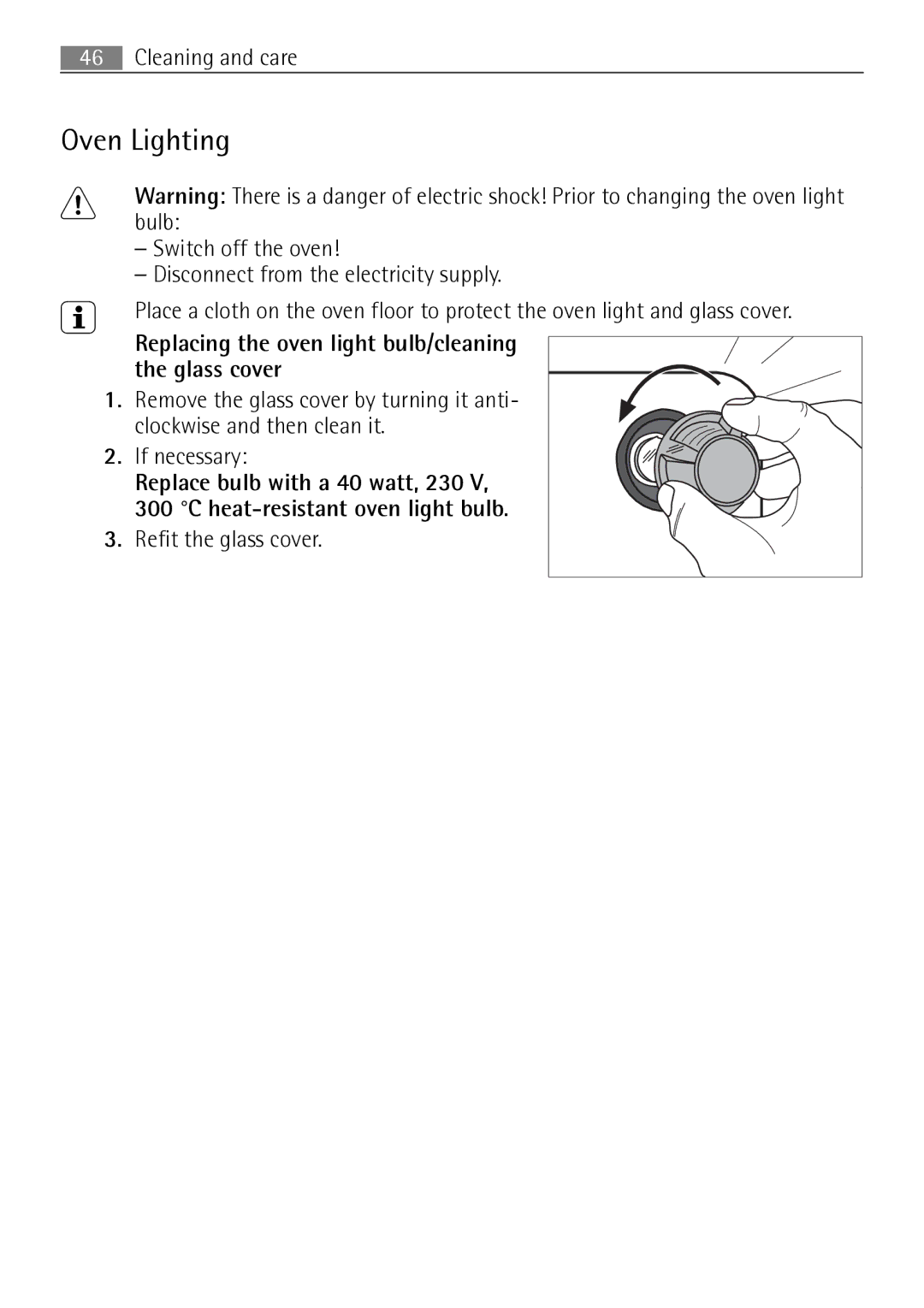 Electrolux B57415B, B57415A user manual Oven Lighting, Replacing the oven light bulb/cleaning the glass cover 