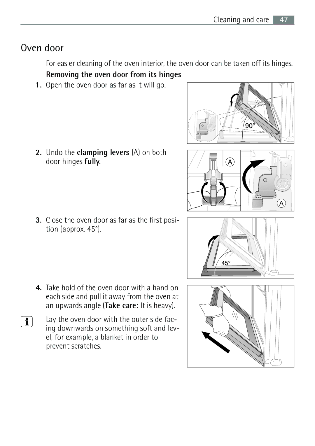 Electrolux B57415A Oven door, Removing the oven door from its hinges, Undo the clamping levers a on both door hinges fully 