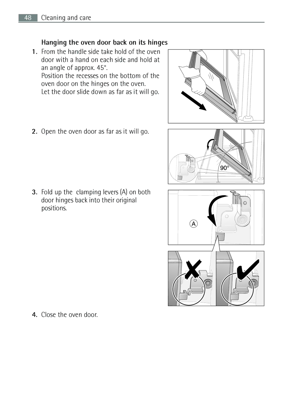 Electrolux B57415B, B57415A user manual Hanging the oven door back on its hinges 
