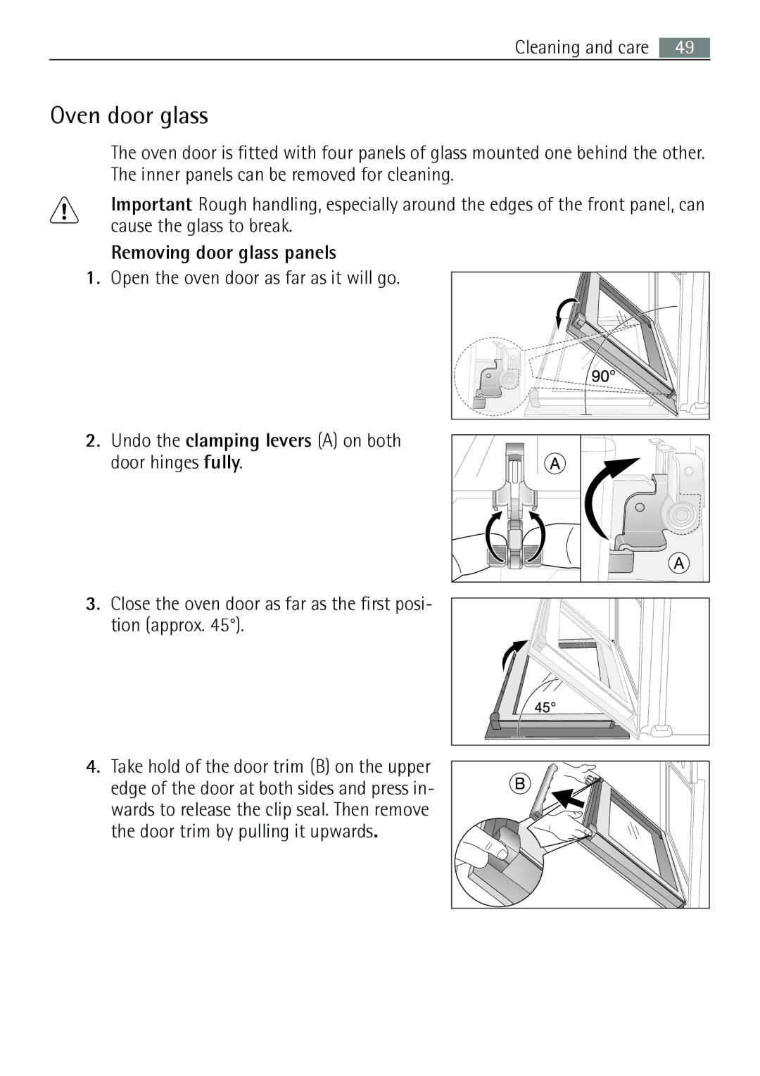 Electrolux B57415A, B57415B user manual Oven door glass, Removing door glass panels 