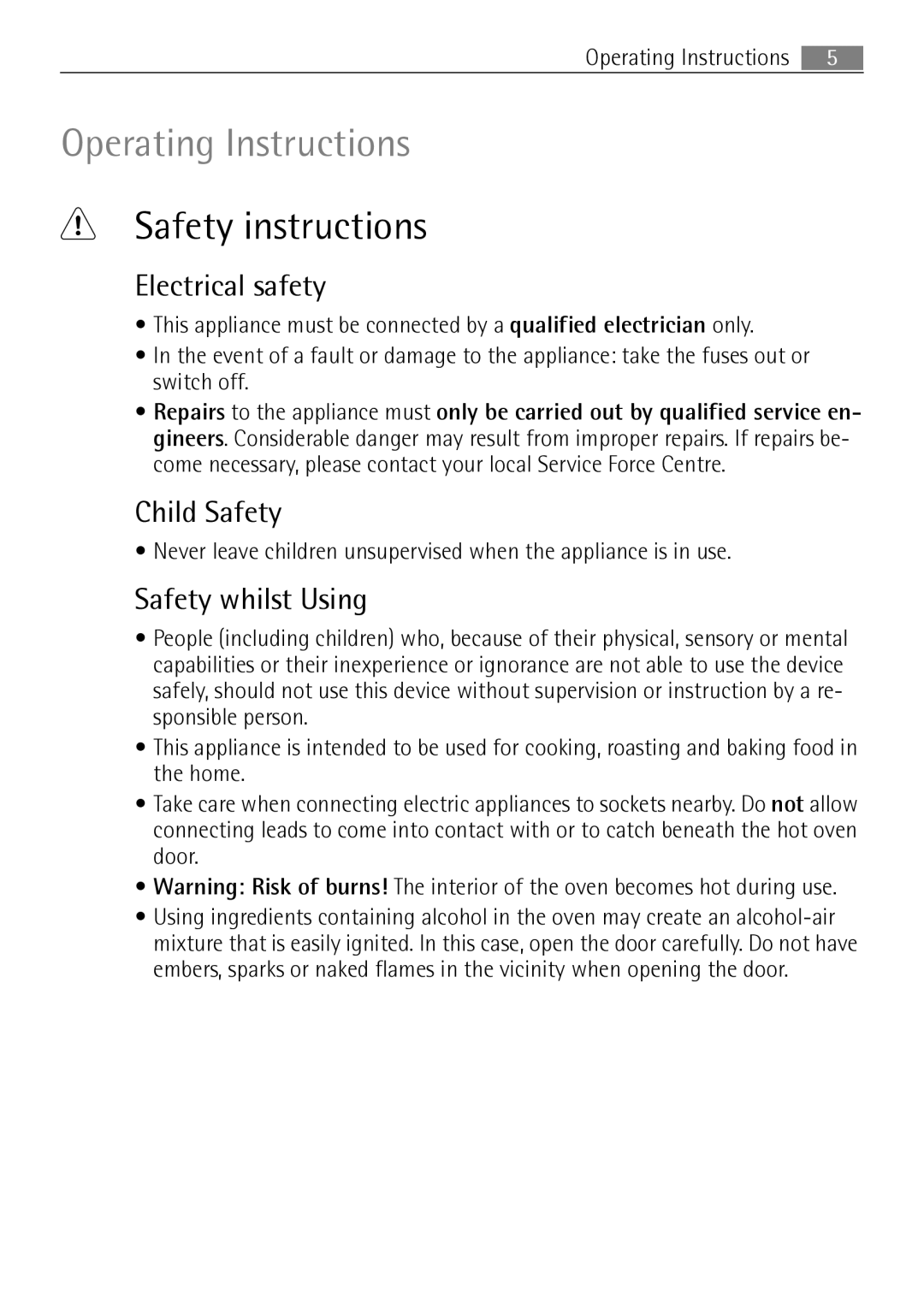 Electrolux B57415A, B57415B user manual Safety instructions, Electrical safety, Child Safety, Safety whilst Using 