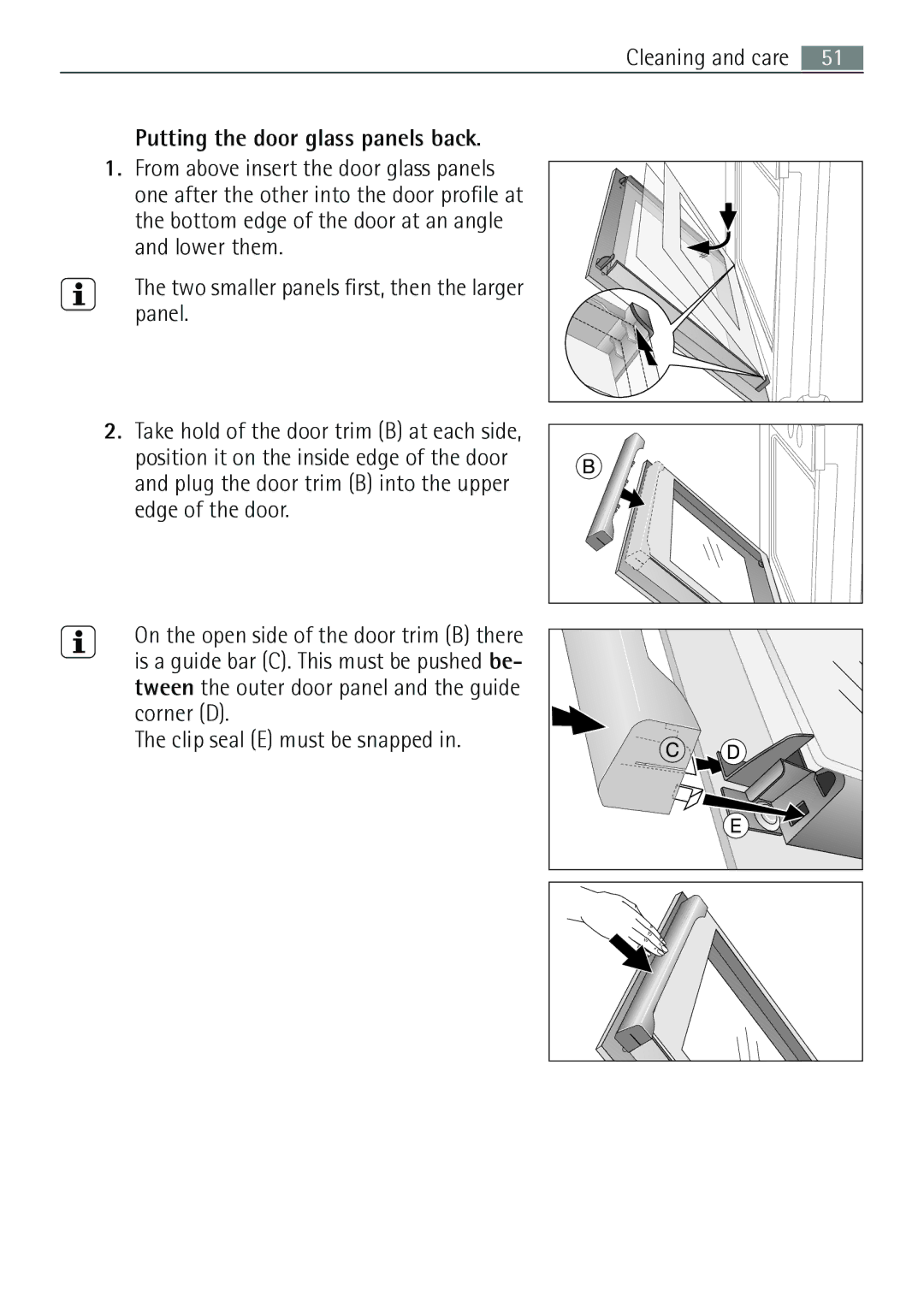 Electrolux B57415A, B57415B user manual Putting the door glass panels back 